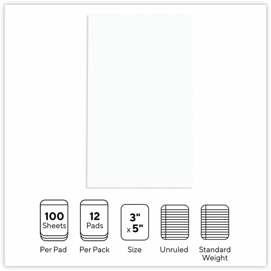 1 Subject(s) - 100 Sheets - Plain - Glued - Unruled Front Ruling - 16 lb Basis Weight - 5" Height x 3" Width - White Paper - 12 / Pack