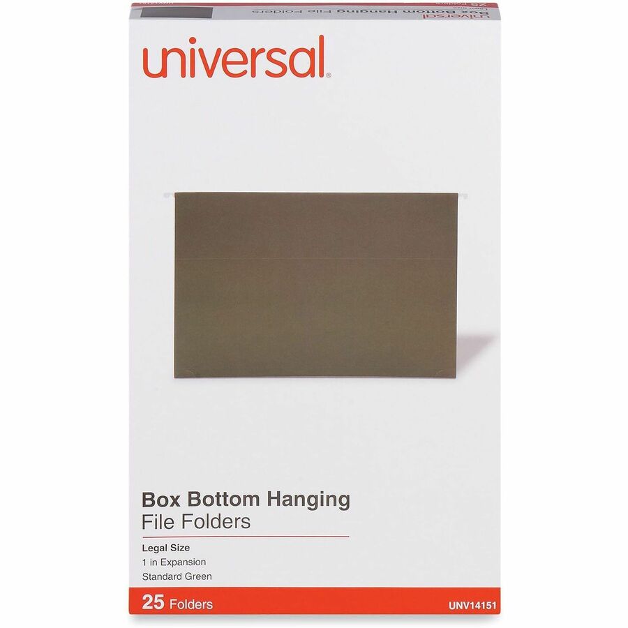 Universal 1/5 Tab Cut Legal Hanging Folder - 8 1/2" x 14" - 1" Expansion - Assorted Tab Position - 11 pt. - Stock - Standard Green - 25 Box