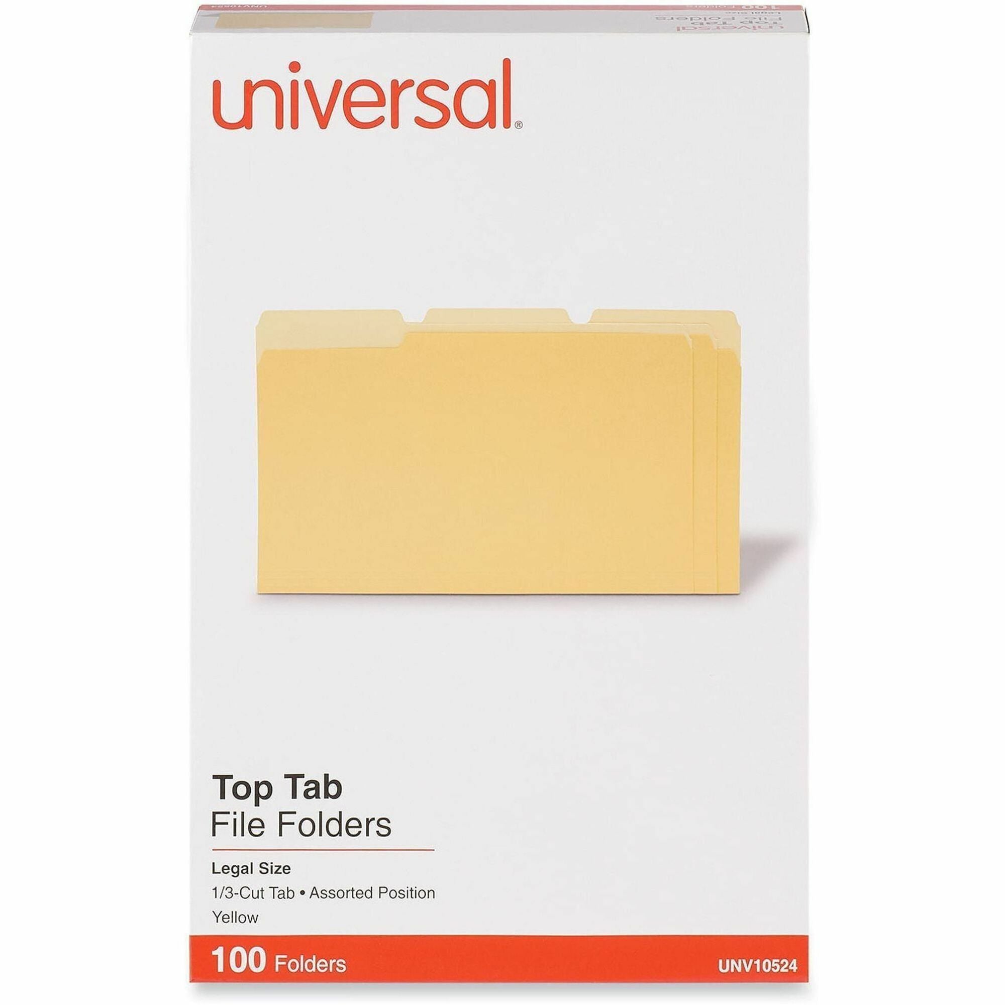 Universal 1/3 Tab Cut Legal Top Tab File Folders, 8.5" x 14", Assorted Tab Positions, 11 pt. Stock, Box of 100