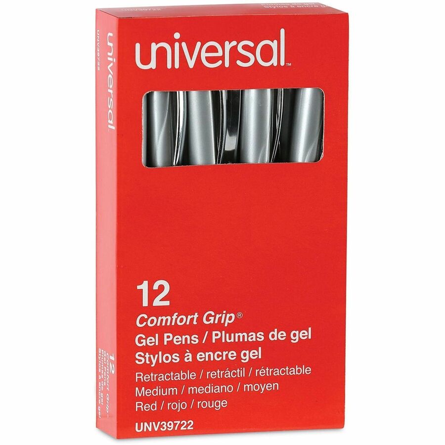 Universal Comfort Grip Gel Pen - 0.7 mm Medium Conical Pen Point - Retractable - Red Ink - Water Based - Gray, Red, Silver Barrel - 1 Dozen