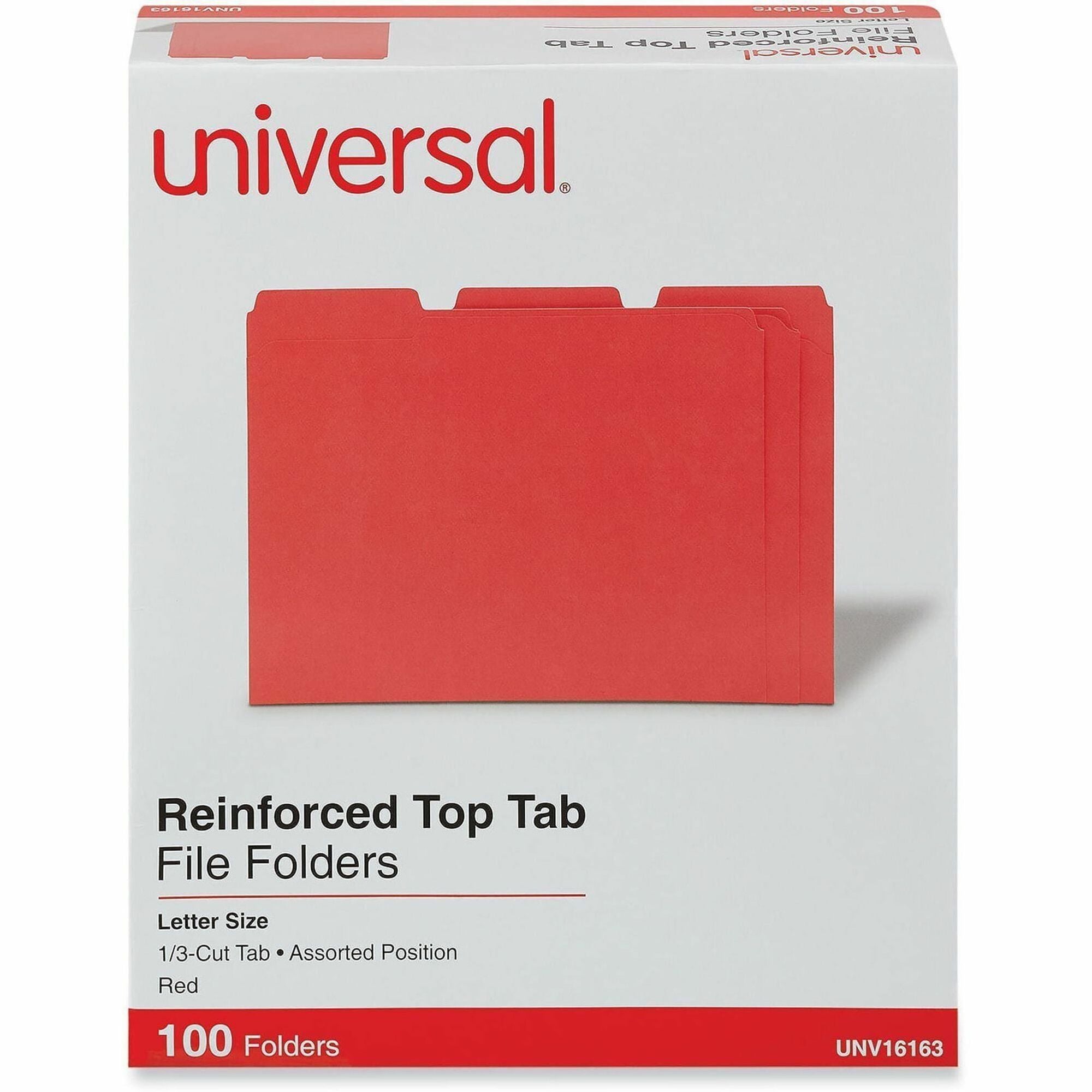 Universal 1/3 Tab Cut Letter Top Tab File Folders, 8.5" x 11", 1" Expansion, Assorted Tab Positions, 11 pt. Stock, Box of 100