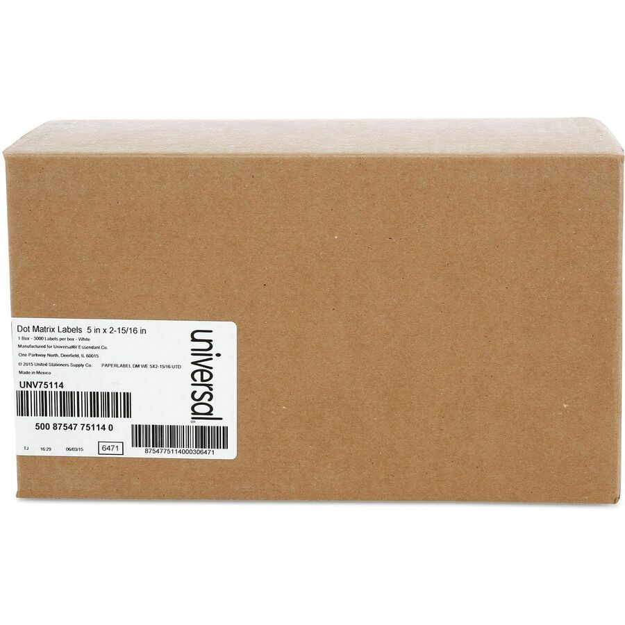 Universal Shipping Label - - HeightPermanent Adhesive - Rectangle - Dot Matrix - White - Paper - 3000 / Box