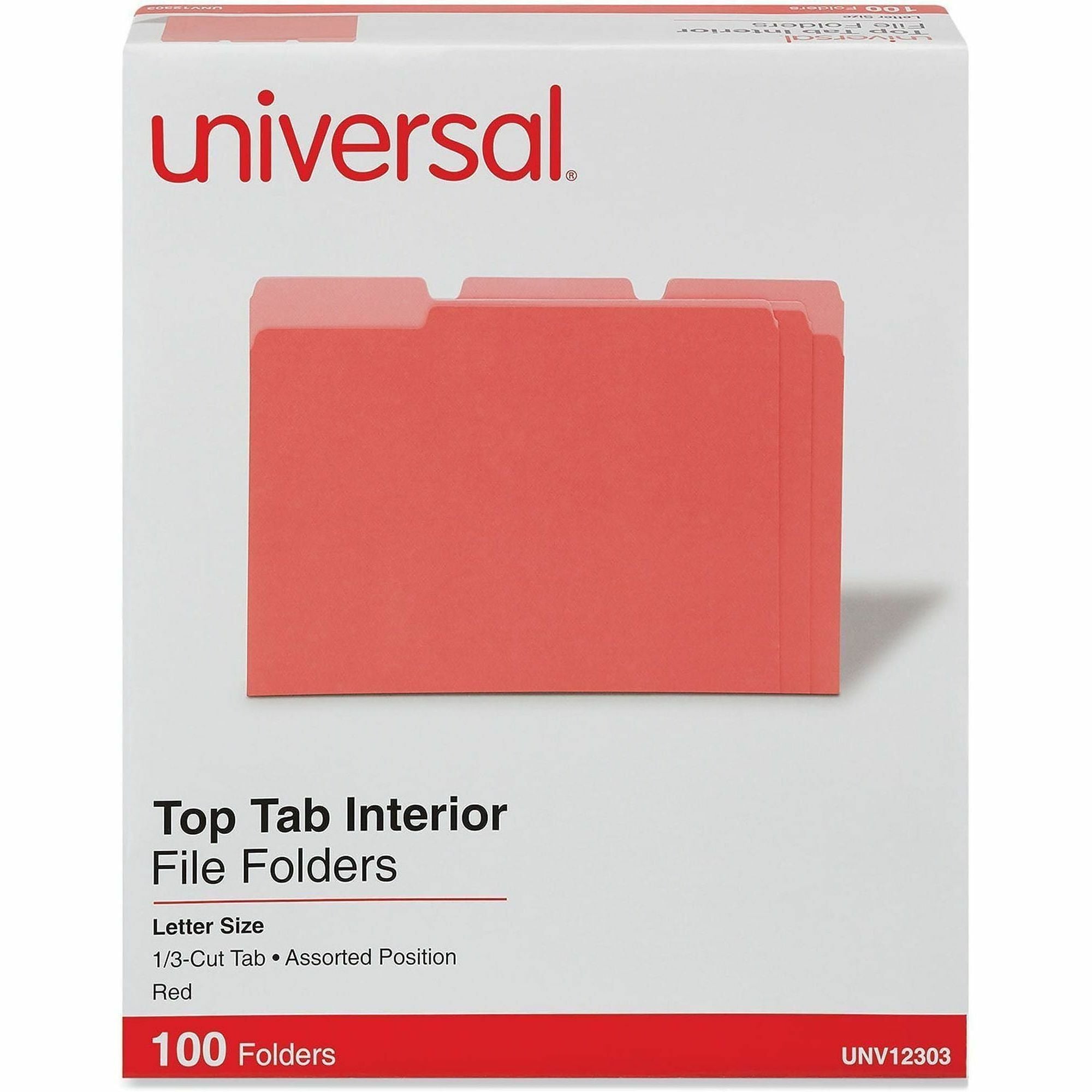 Universal 1/3 Tab Cut Letter Top Tab File Folders, 8.5" x 11", Assorted Tab Position, 11 pt. Stock, Box of 100