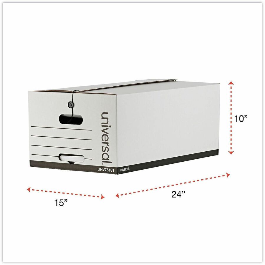 Internal Dimensions: 15" Width x 24" Depth x 10" Height - Media Size Supported: Legal - Flap, String/Button Closure - Medium Duty - Stackable - Corrugated Fiberboard - White - For Box File - 12 / Carton