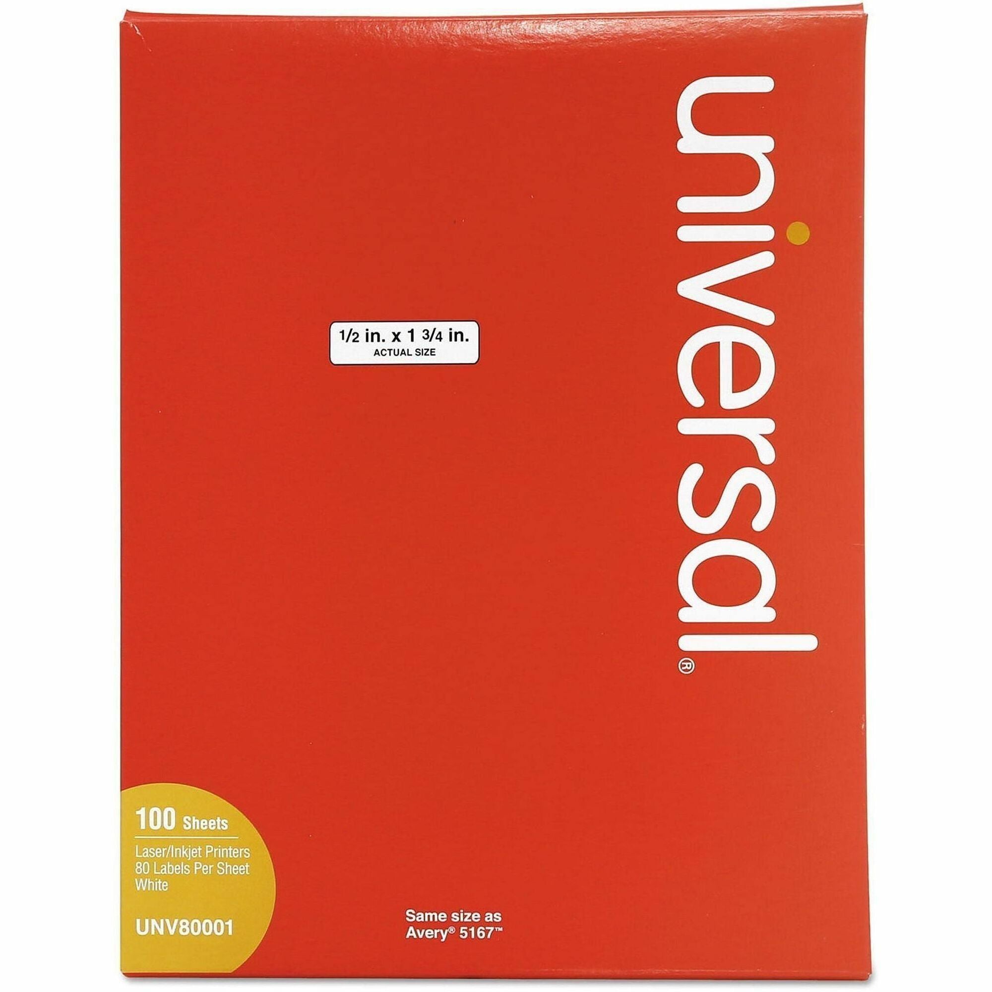 Universal Shipping Label - 1 3/4" Width x 1/2" Length - Permanent Adhesive - Rectangle - Laser, Inkjet - White - Paper - 80 / Sheet - 100 Total Sheets - 8000 / Box