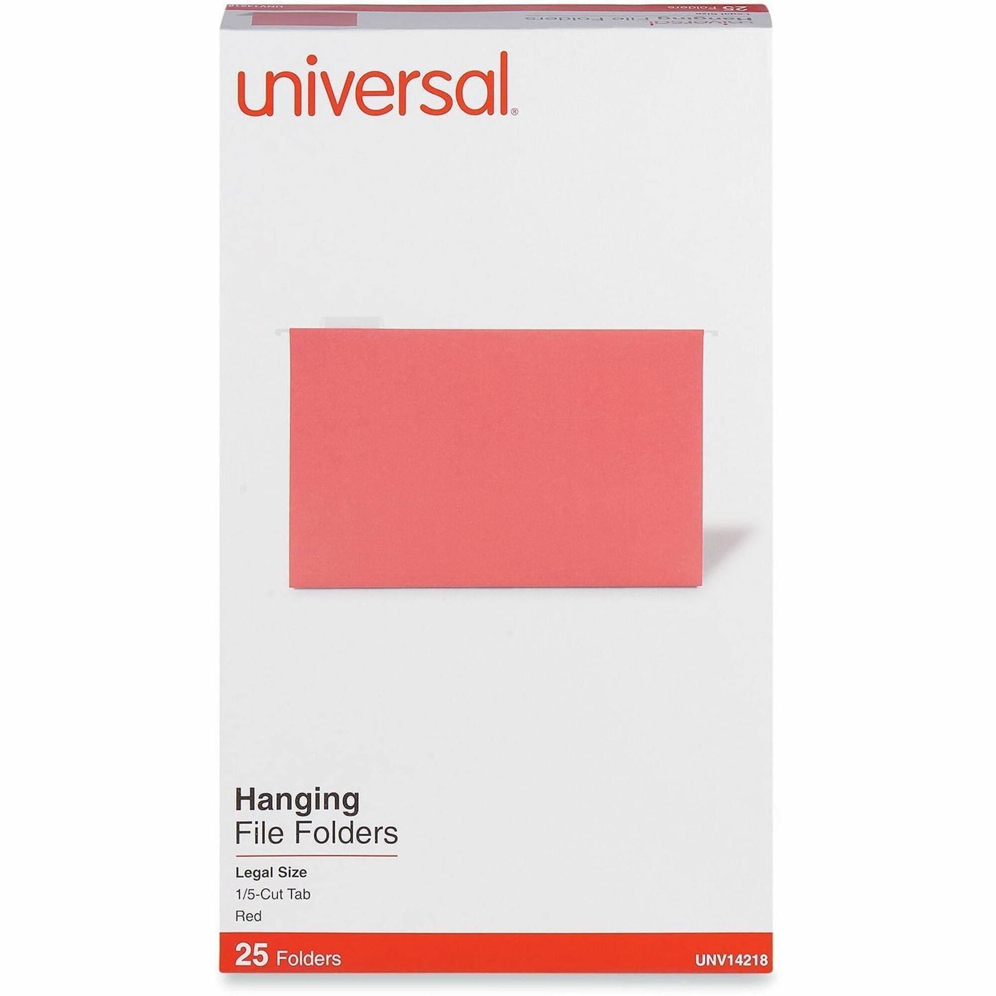 Universal 1/5 Tab Cut Legal Hanging Folder - 8 1/2" x 14" - Assorted Tab Position - 11 pt. - Stock - Red - 25 Box