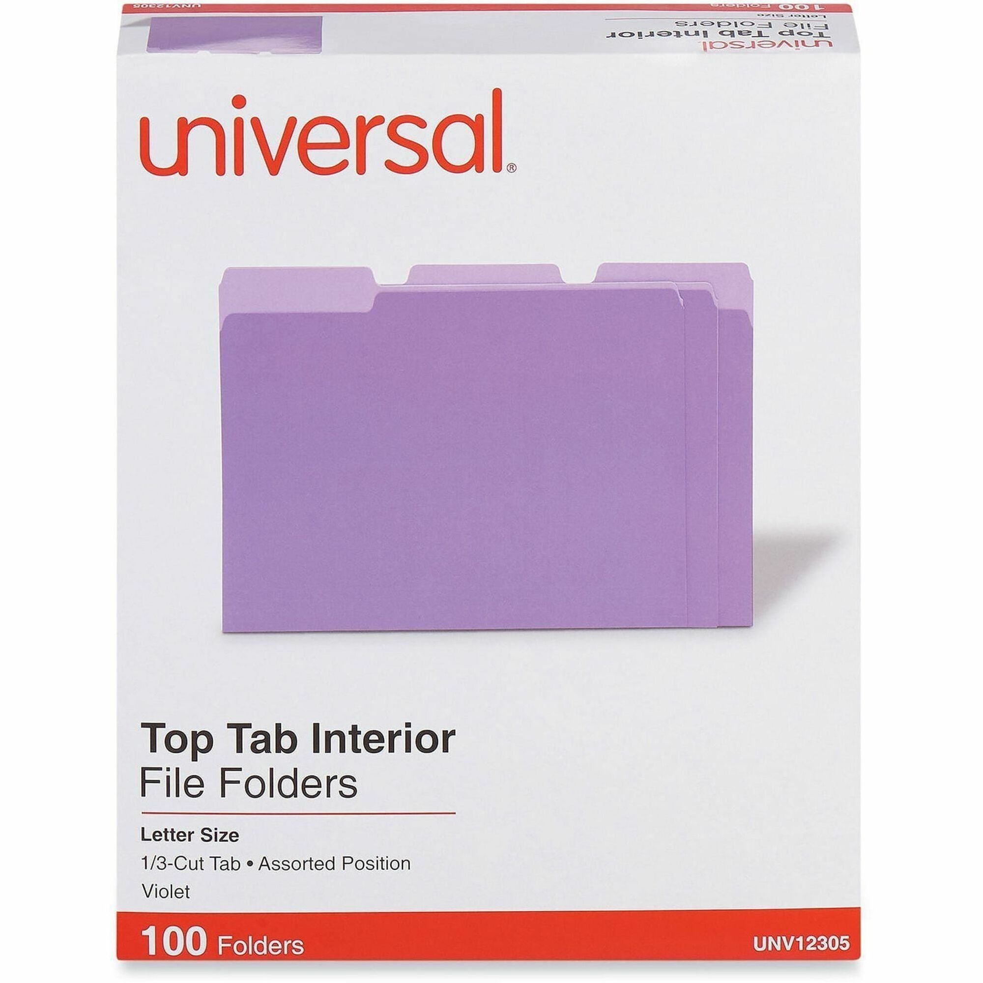 Universal 1/3 Tab Cut Letter Top Tab File Folders, 8.5" x 11", Assorted Tab Positions, 11 pt. Stock, Box of 100