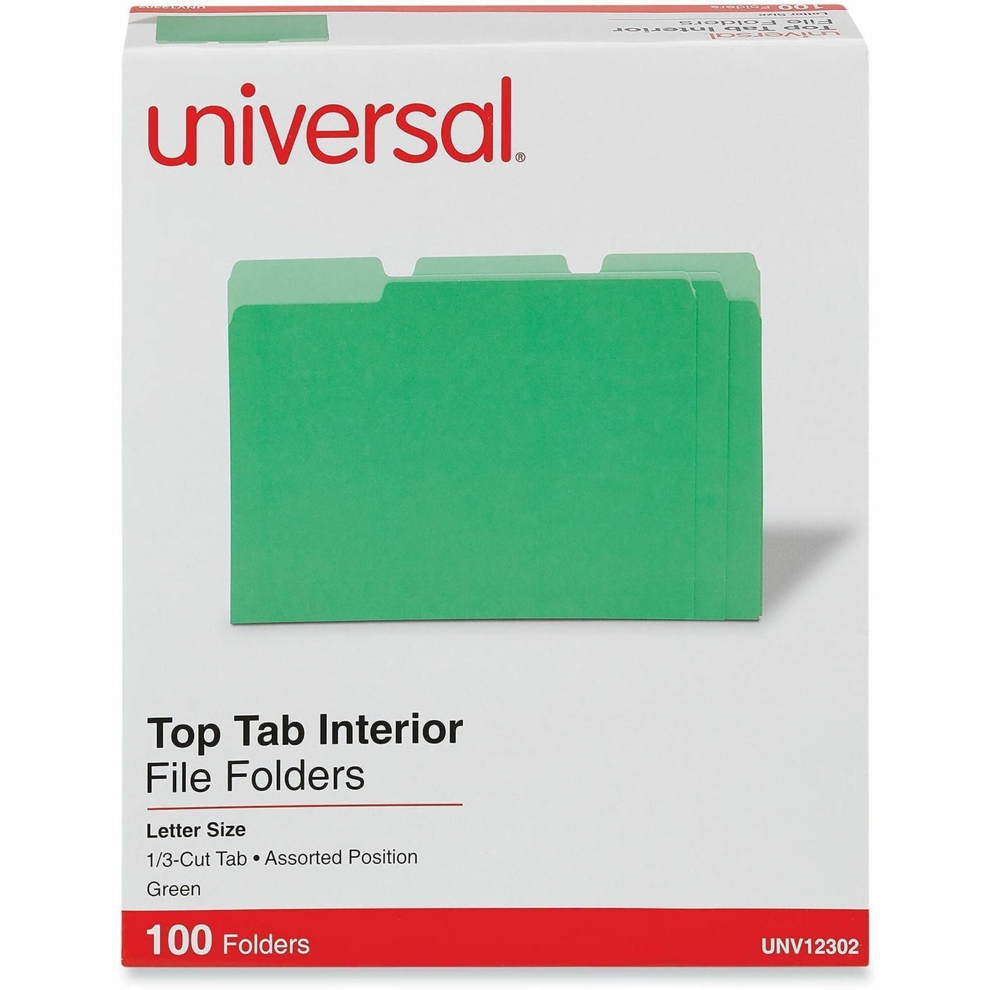 Universal 1/3 Tab Cut Letter Top Tab File Folder, 8.5" x 11", Assorted Tab Position, 11 pt. Stock, Box of 100