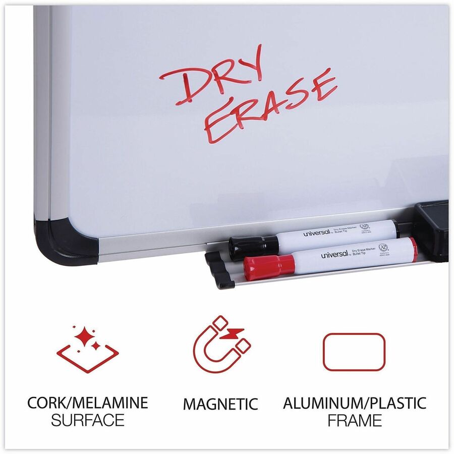 Universal Dry Erase/Bulletin Board - 36" (3 ft) Width x 24" (2 ft) Height - Tan Cork/Melamine Surface - Black Aluminum, Satin Frame - Magnetic - 1 Each