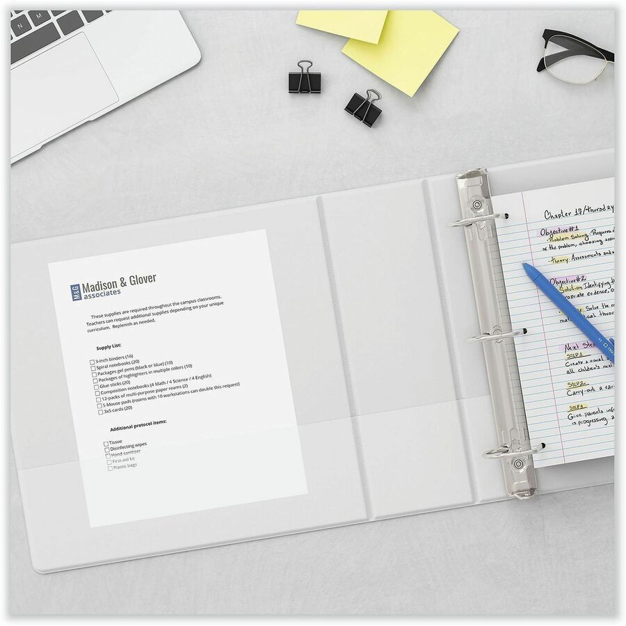 5" Binder Capacity - Letter - 8 1/2" x 11" Sheet Size - 950 Sheet Capacity - 3 Ring(s) - Fastener(s): Ring - Pocket(s): 2, Inside Front & Back - Polypropylene - White - Non-stick - 1 Each