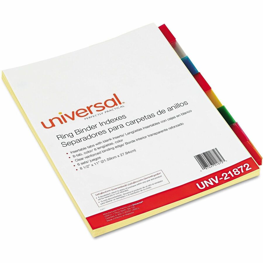8 Write-on Side Tab(s) - Letter - 8.50" Width x 11" Length - 3 Hole Punched - Buff Paper Divider - Assorted Plastic Tab(s) - Recycled - Customizable, Mylar Reinforced Edge - 6 / Set