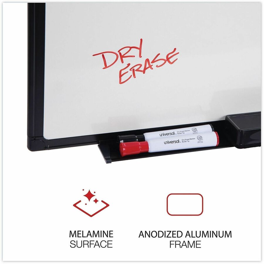 Universal Dry Erase Board - 36" (3 ft) Width x 24" (2 ft) Height - White Melamine Surface - Black Anodized Aluminum Frame - 1 Each