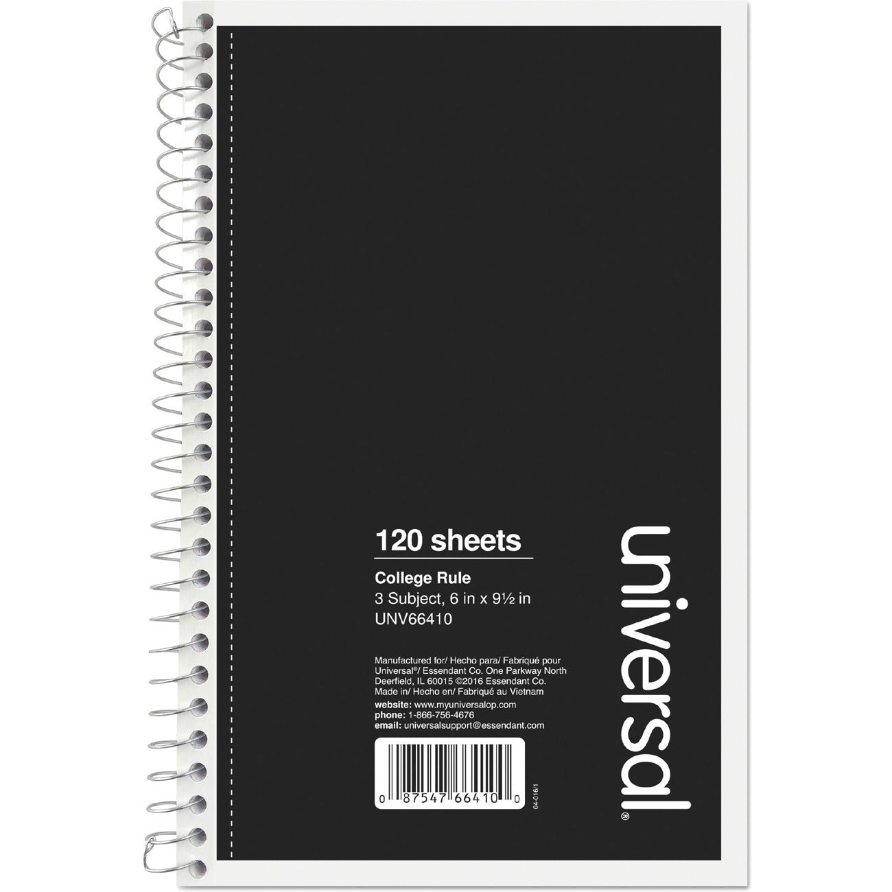 Universal Notebook - 3 Subject(s) - 120 Sheets - Spiral - Medium Ruled, College Ruled Front Ruling - 15 lb Basis Weight - 9.50" Height x 6" Width - White Paper - Black Paperboard Cover