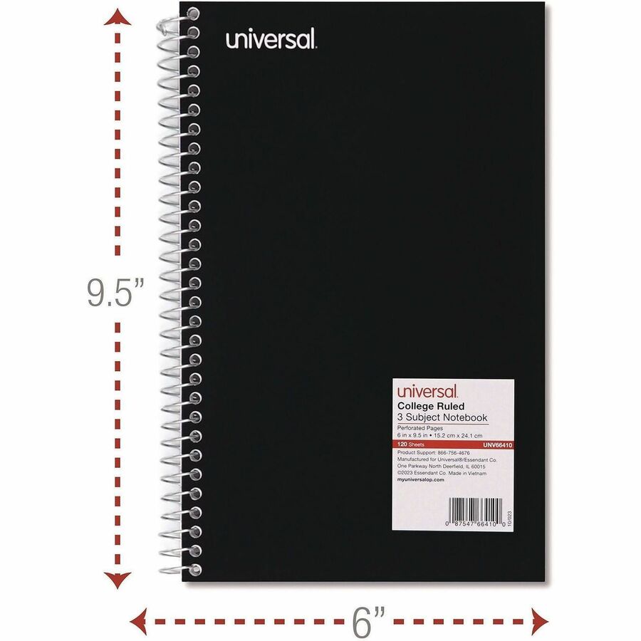Universal Notebook - 3 Subject(s) - 120 Sheets - Spiral - Medium Ruled, College Ruled Front Ruling - 15 lb Basis Weight - 9.50" Height x 6" Width - White Paper - Black Paperboard Cover