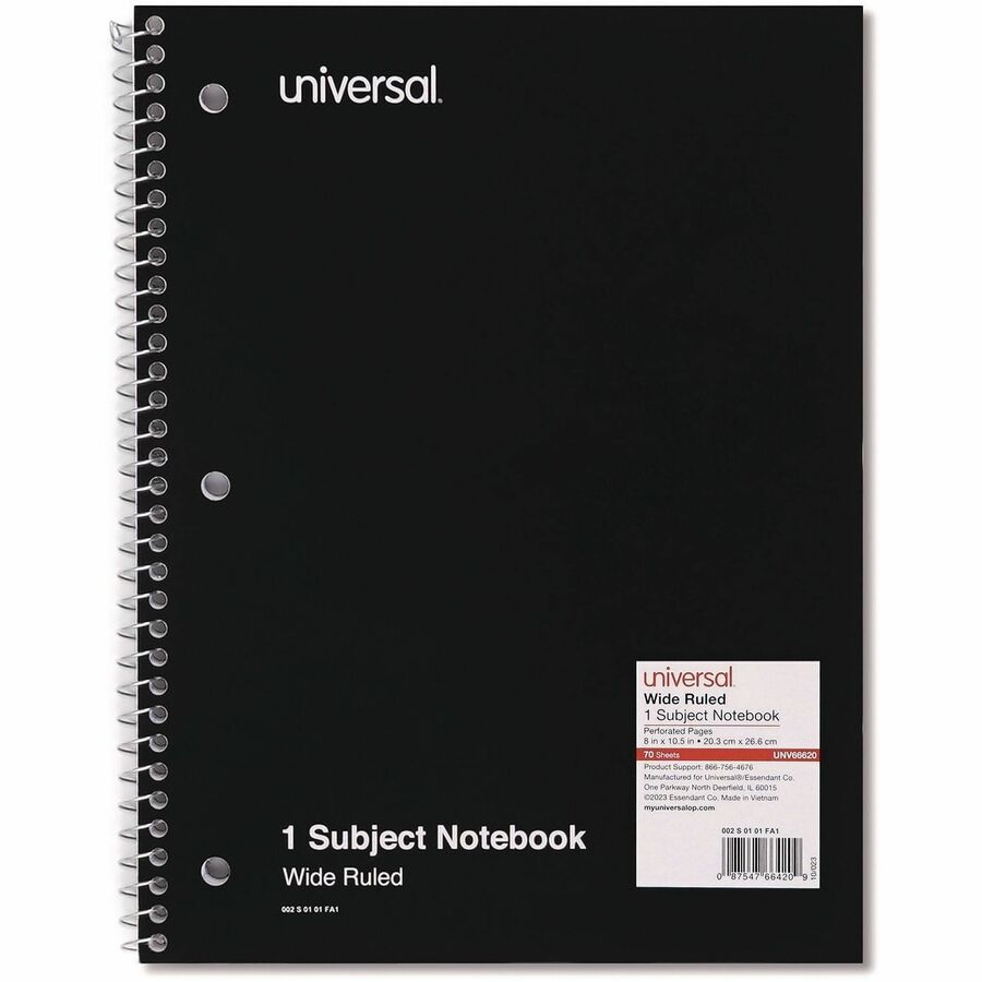 Universal Notebook - 1 Subject(s) - 70 Sheets - Spiral - Wide Ruled, Legal Ruled Front Ruling - 3 Hole(s) - 15 lb Basis Weight - 10.50" Height x 8" Width - White Paper - Black Paperboard Cover