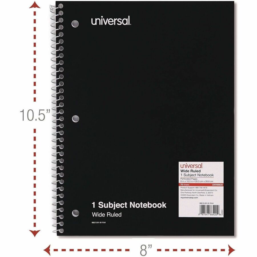 Universal Notebook - 1 Subject(s) - 70 Sheets - Spiral - Wide Ruled, Legal Ruled Front Ruling - 3 Hole(s) - 15 lb Basis Weight - 10.50" Height x 8" Width - White Paper - Black Paperboard Cover