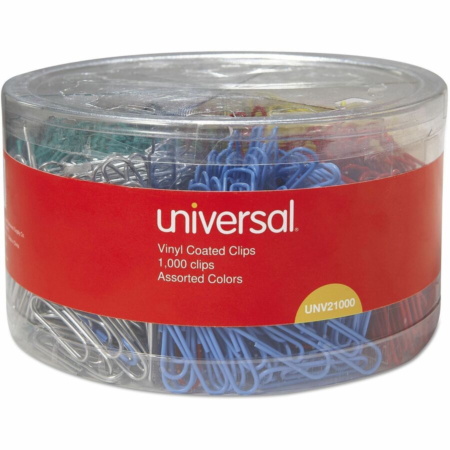Universal Paper Clip - No. 3 - 0.9" Length x 0.5" Width - Assorted, Black, Blue, Green, Red, Silver, Yellow - Plastic, Steel Wire - 1000 / Pack