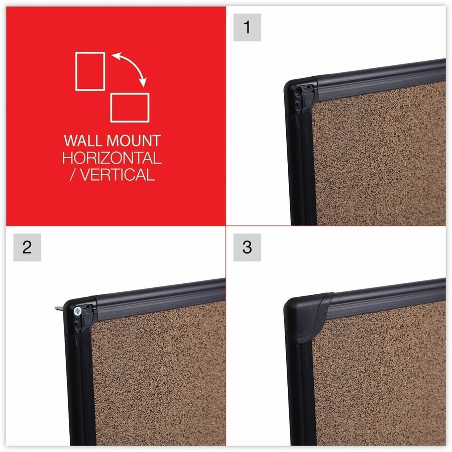 Universal Bulletin Board - 35.43" Board Height x 47.24" Board Width x 0.47" Board Depth - Brown Rubber, Cork Surface - Durable, Sleek Style, Heavy Duty, Sturdy - Black Aluminum Frame - 1 Each