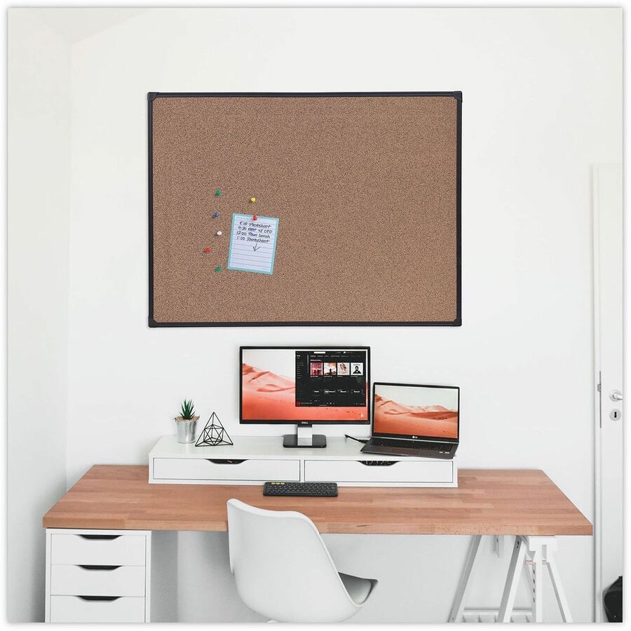 Universal Bulletin Board - 35.43" Board Height x 47.24" Board Width x 0.47" Board Depth - Brown Rubber, Cork Surface - Durable, Sleek Style, Heavy Duty, Sturdy - Black Aluminum Frame - 1 Each