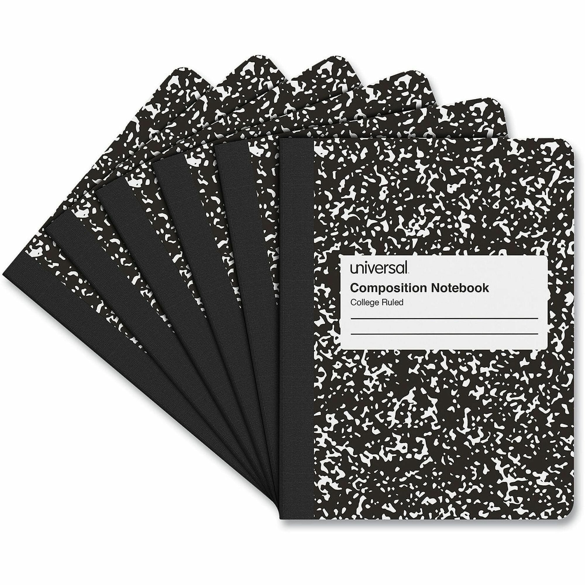 Universal Notebook - 1 Subject(s) - 100 Sheets - Sewn - Medium Ruled, College Ruled Front Ruling - 15 lb Basis Weight - 9.75" Height x 7.5" Width - White Paper - Black Marble Chipboard Cover - 6 / Pack