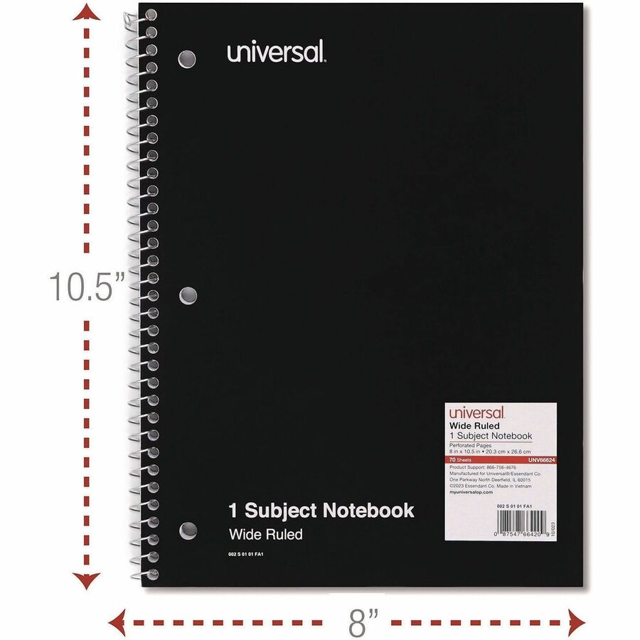 Universal Notebook - 1 Subject(s) - 70 Sheets - Spiral - Wide Ruled, Legal Ruled Front Ruling - 3 Hole(s) - 15 lb Basis Weight - 10.50" Height x 8" Width - White Paper - Black Paperboard, Blue, Green, Red Cover - 4 / Pack