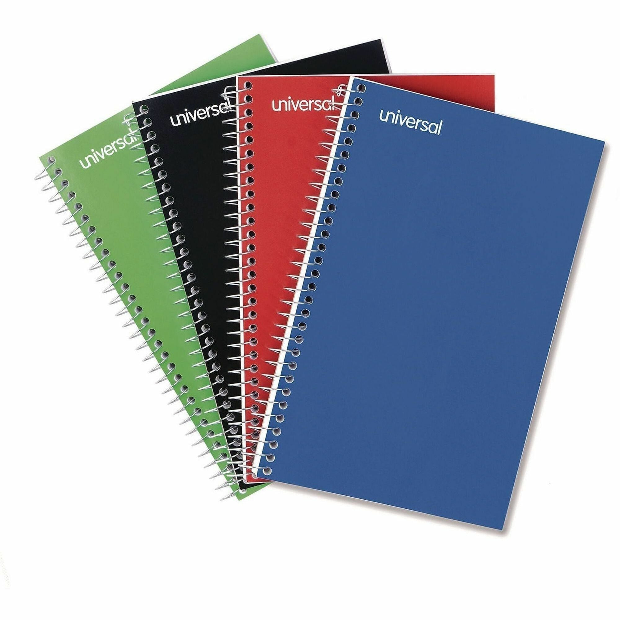 Universal Notebook - 3 Subject(s) - 120 Sheets - Spiral - Medium Ruled, College Ruled Front Ruling - 15 lb Basis Weight - 9.50" Height x 6" Width - White Paper - Black Paperboard, Blue, Green, Red Cover - 4 / Pack