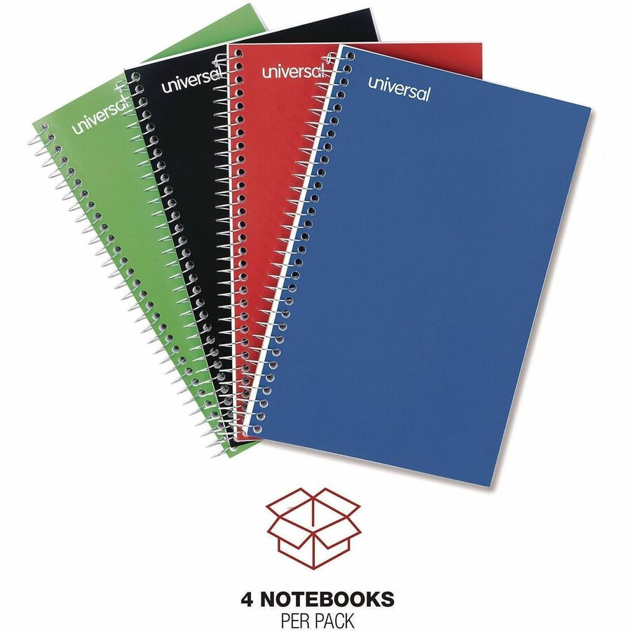 Universal Notebook - 3 Subject(s) - 120 Sheets - Spiral - Medium Ruled, College Ruled Front Ruling - 15 lb Basis Weight - 9.50" Height x 6" Width - White Paper - Black Paperboard, Blue, Green, Red Cover - 4 / Pack