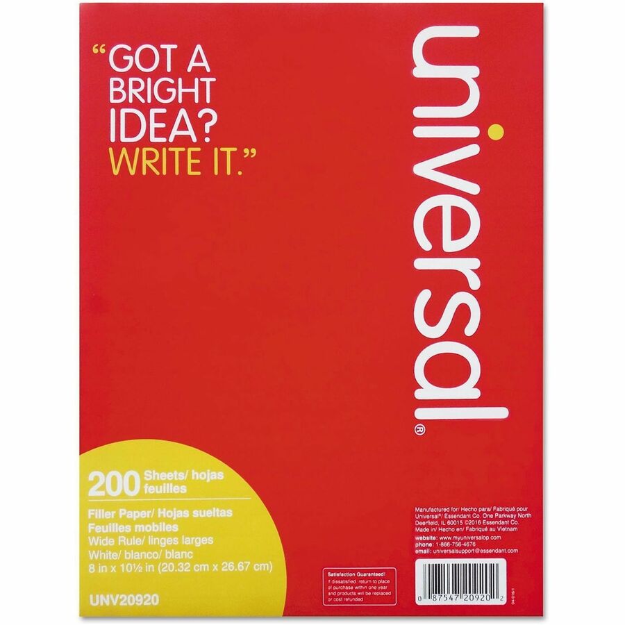 200 Sheets - Wide Ruled, Legal Ruled Front Ruling - Red Margin - 3 Hole(s) - 15 lb Basis Weight - White Paper - 200 / Pack