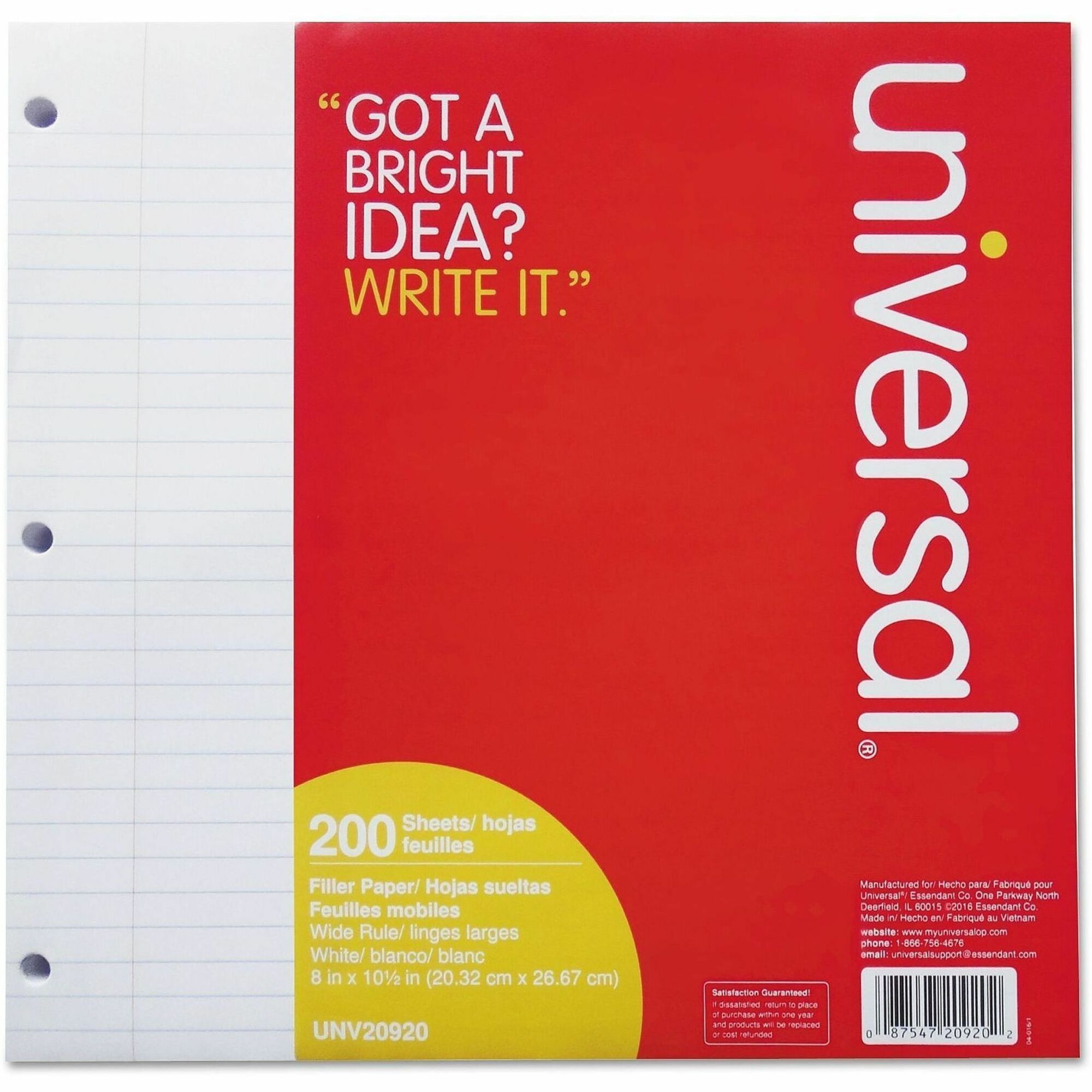 200 Sheets - Wide Ruled, Legal Ruled Front Ruling - Red Margin - 3 Hole(s) - 15 lb Basis Weight - White Paper - 200 / Pack