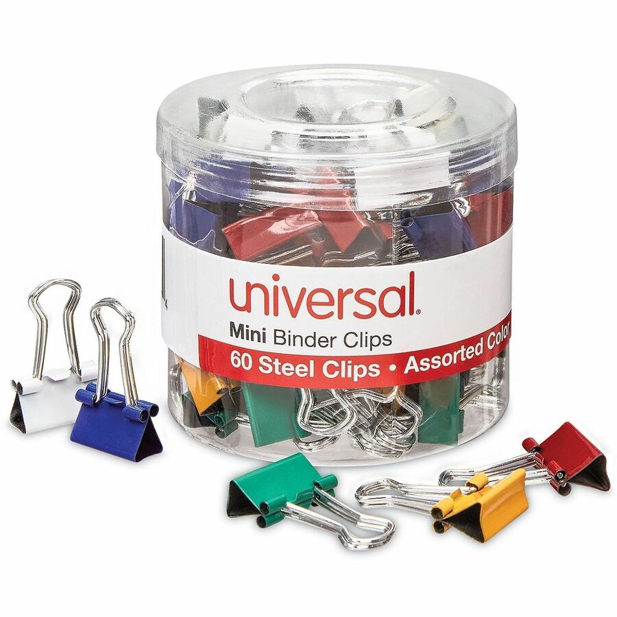Mini - 0.6" Width - 0.25" Size Capacity - Assorted, Blue, Gold, Green, Red, White - Metal, Steel Wire - 60 / Pack