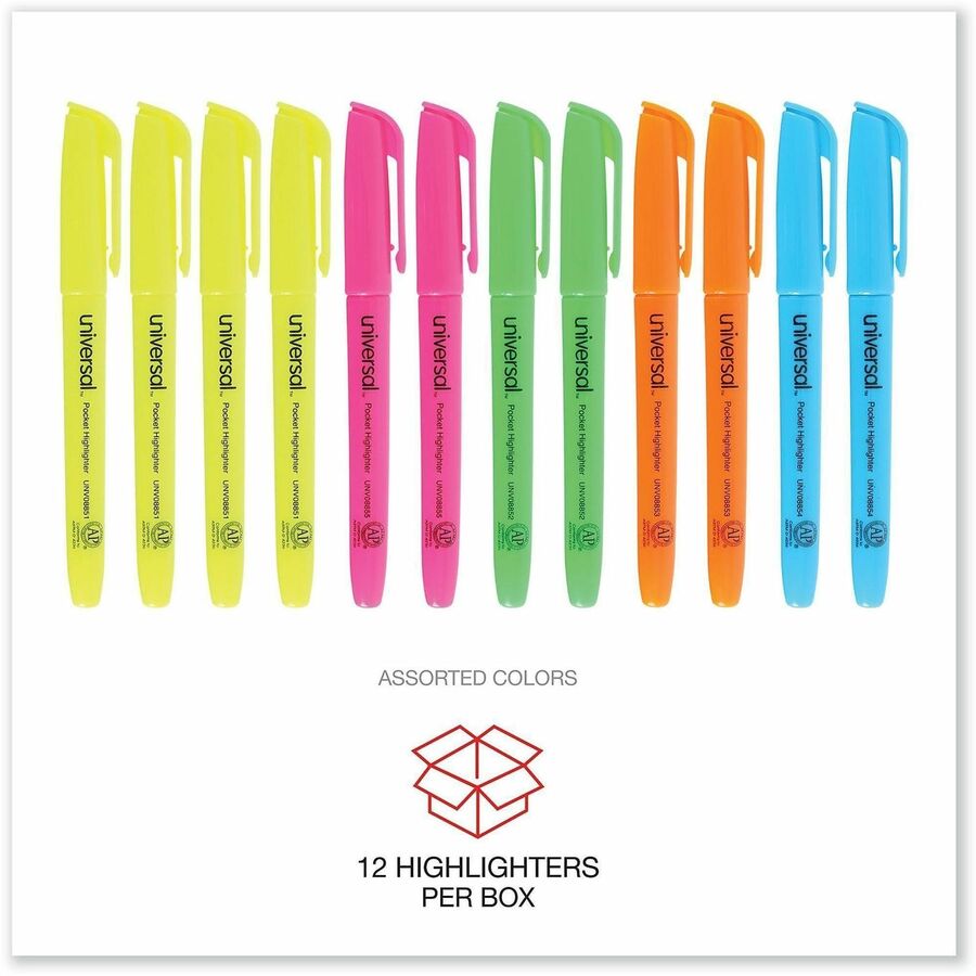Universal Highlighter - Chisel Marker Point - Assorted, Fluorescent Yellow, Fluorescent Blue, Fluorescent Green, Fluorescent Orange, Fluorescent Pink Ink - Assorted, Yellow, Blue, Green, Orange, Pink Barrel - 1 Dozen