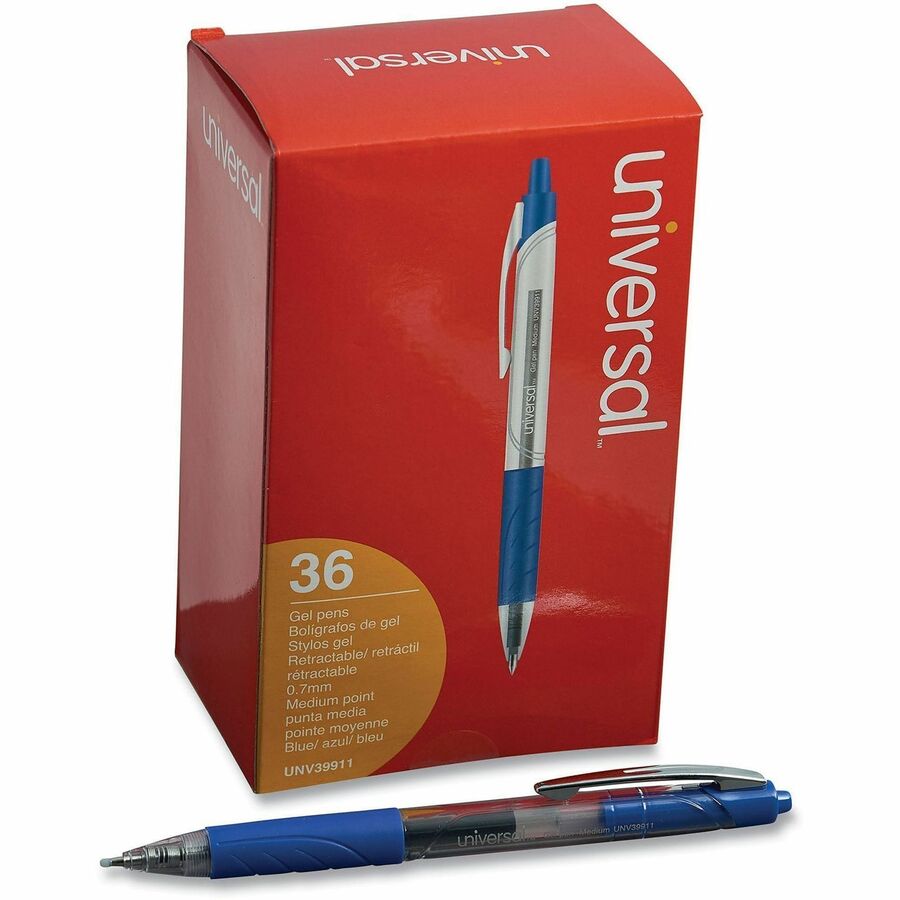 Universal Comfort Grip Gel Pen - 0.7 mm Medium Conical Pen Point - Retractable - Blue Ink - Water Based - Clear, Blue Barrel - 36 / Pack