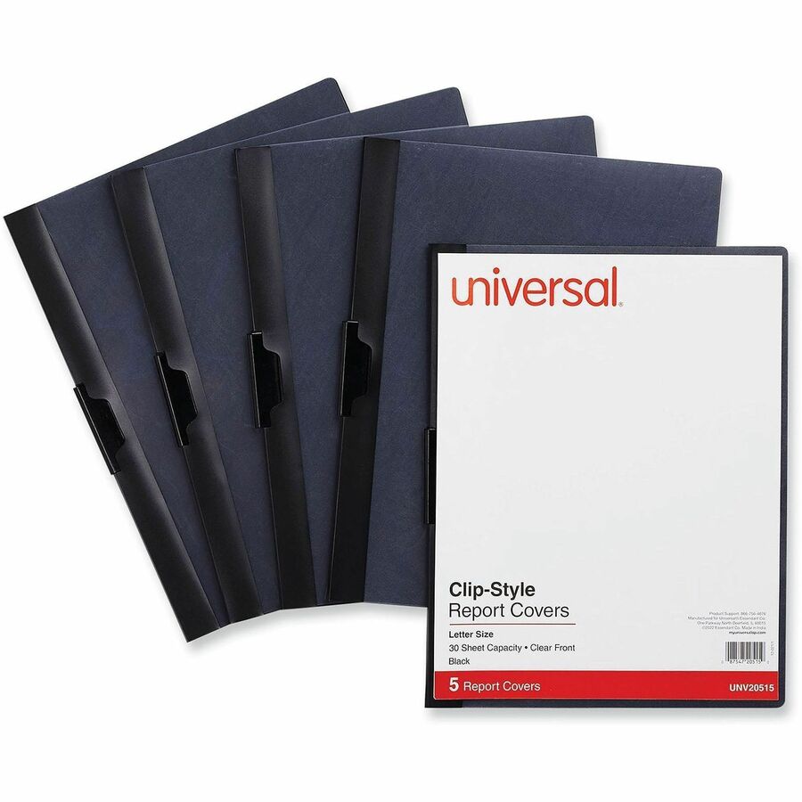 Universal Report Cover, Clip Fastener, 8.5" x 11", 30 Sheet Capacity, Unpunched, Clear/Black, 5 Pack