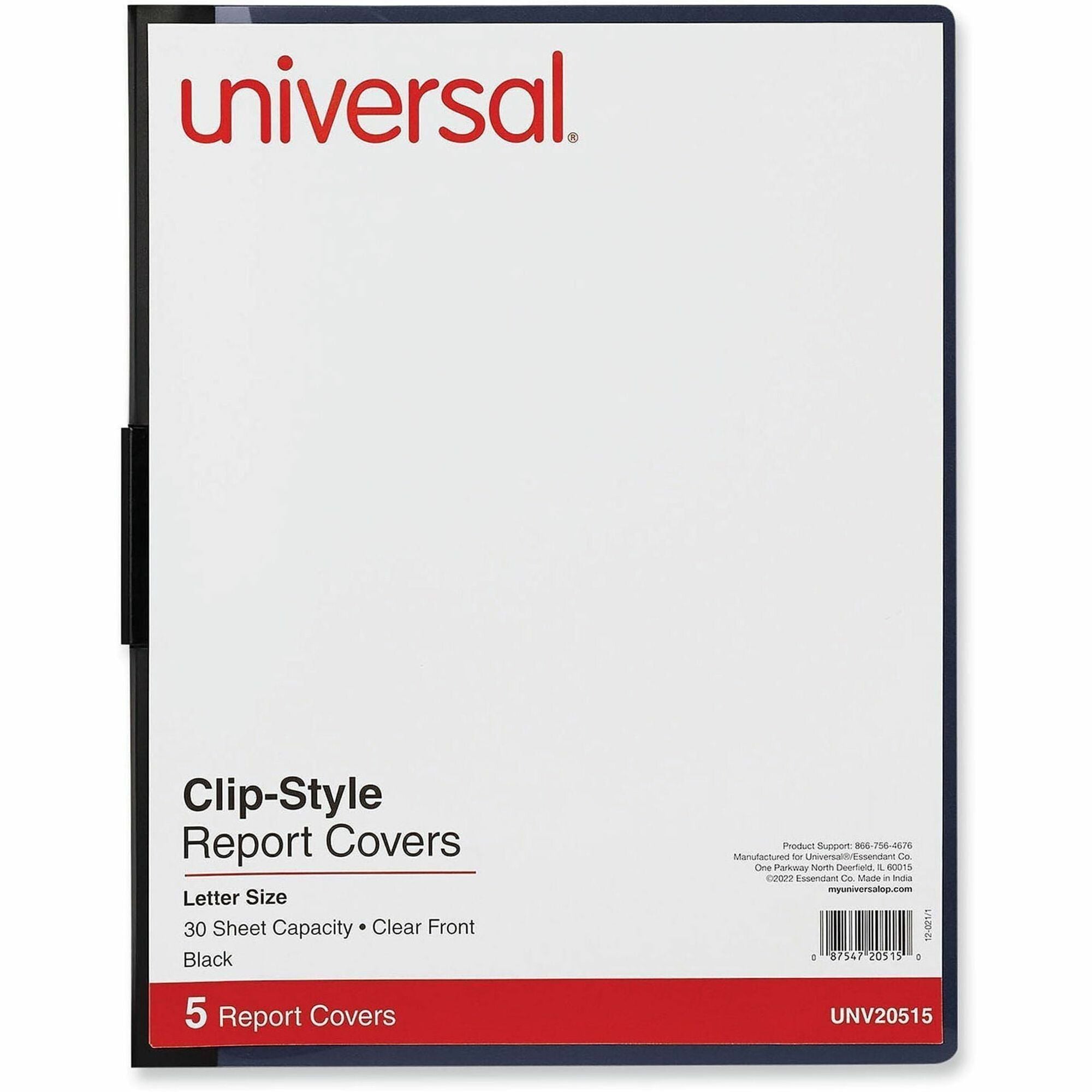 Universal Report Cover, Clip Fastener, 8.5" x 11", 30 Sheet Capacity, Unpunched, Clear/Black, 5 Pack