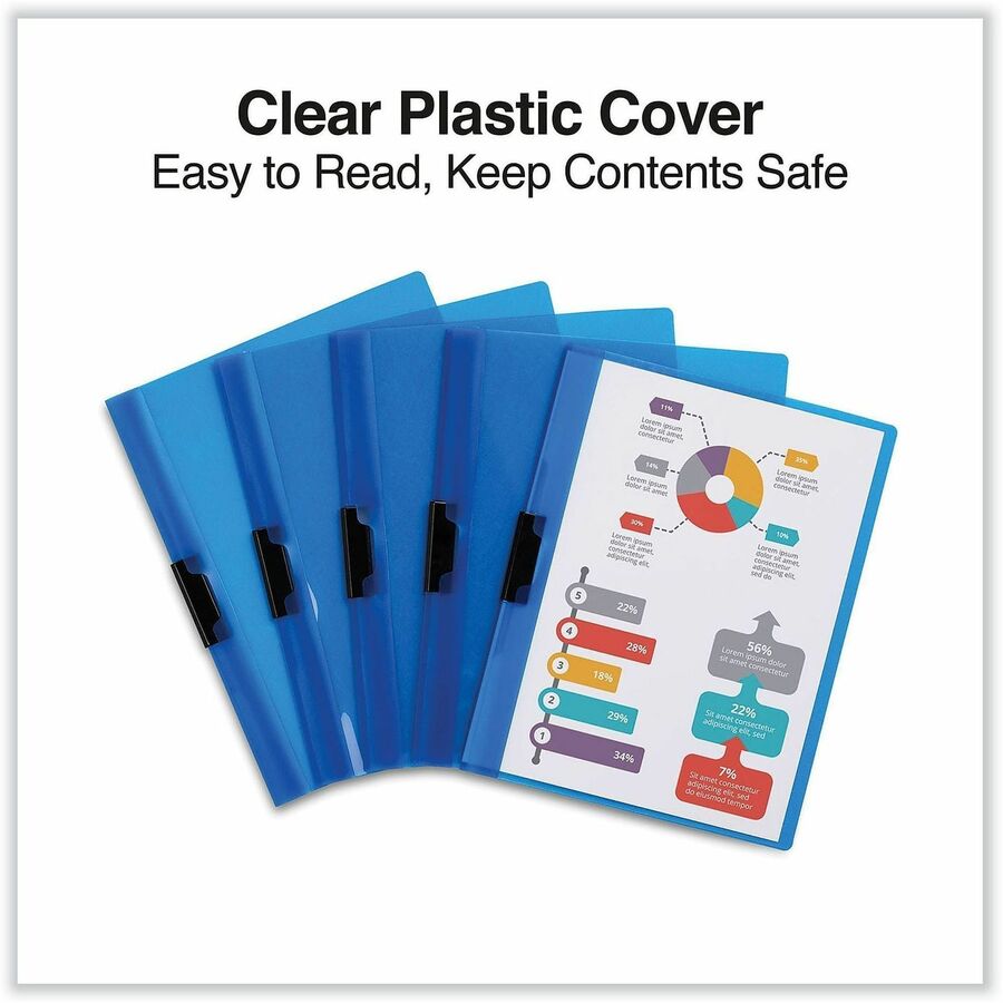 Universal Clip-Style Report Cover, 8.5" x 11", 30 Sheet Capacity, 1 Clip Fastener, Unpunched, Clear/Blue, 5 Pack