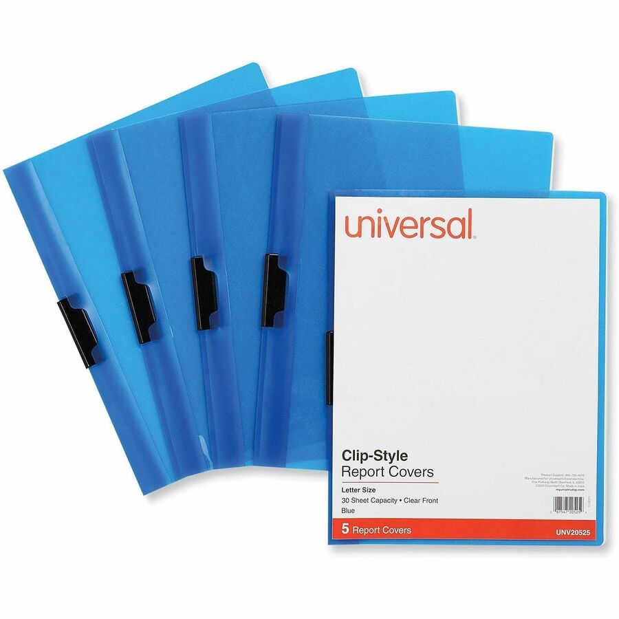 Universal Clip-Style Report Cover, 8.5" x 11", 30 Sheet Capacity, 1 Clip Fastener, Unpunched, Clear/Blue, 5 Pack