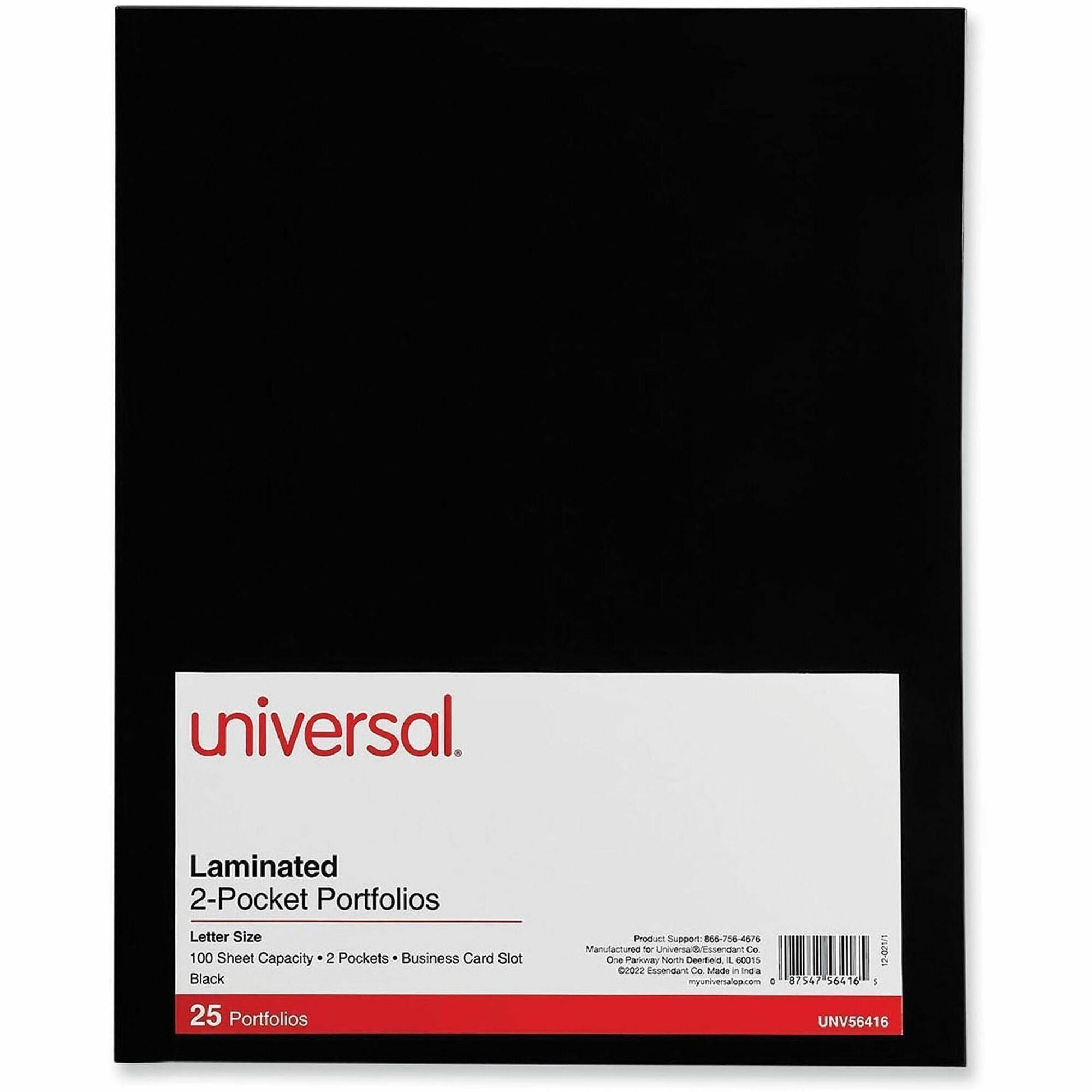 Universal Pocket Folder, 11" x 8 1/2", 100-Sheet Capacity, 2 Inside Pockets, Laminated, 25/Box