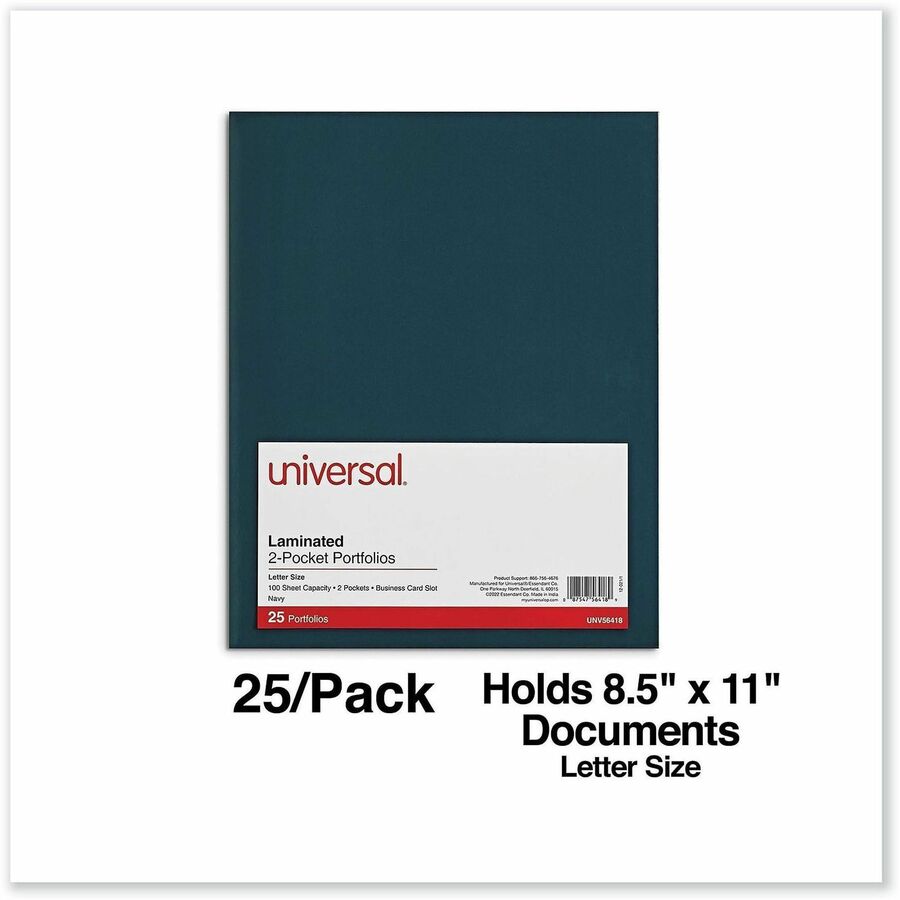 Universal Pocket Folder, 11" x 8 1/2", 2 Inside Pockets, Laminated, Holds 100 Sheets, Box of 25