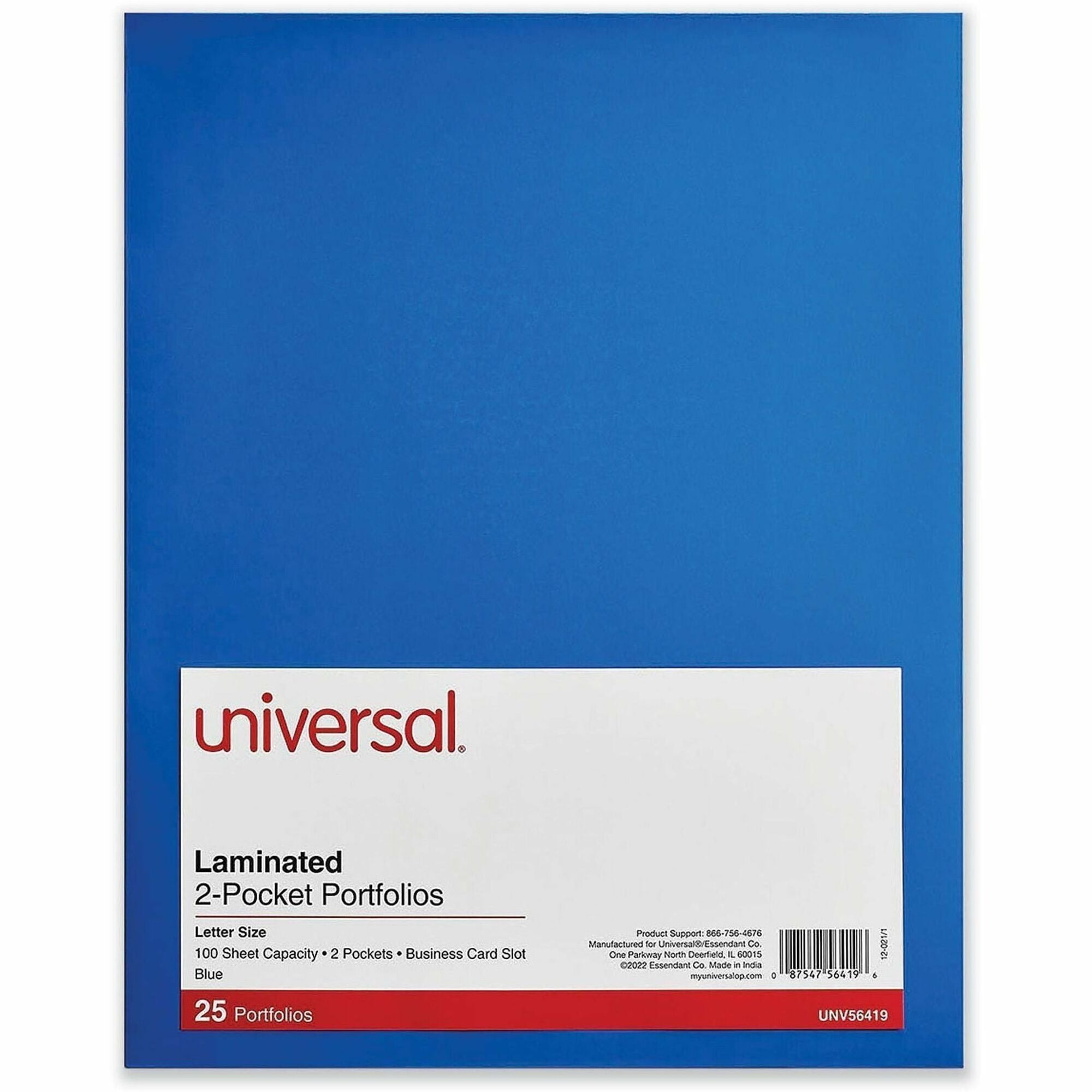 Universal Pocket Folder, 11" x 8 1/2", 100-Sheet Capacity, 2 Inside Pockets, Laminated, 25/Box