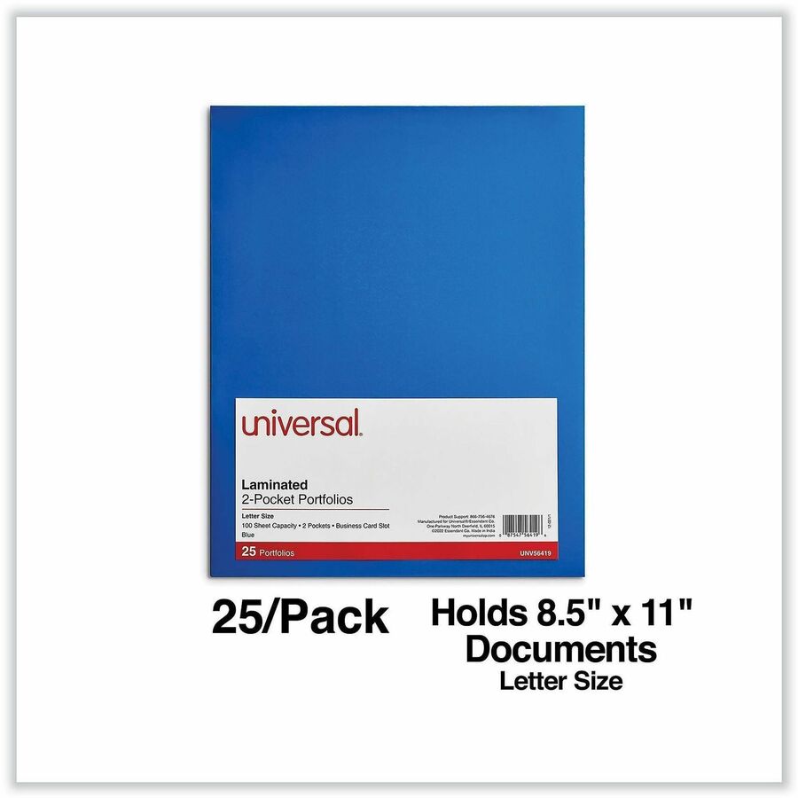 Universal Pocket Folder, 11" x 8 1/2", 100-Sheet Capacity, 2 Inside Pockets, Laminated, 25/Box
