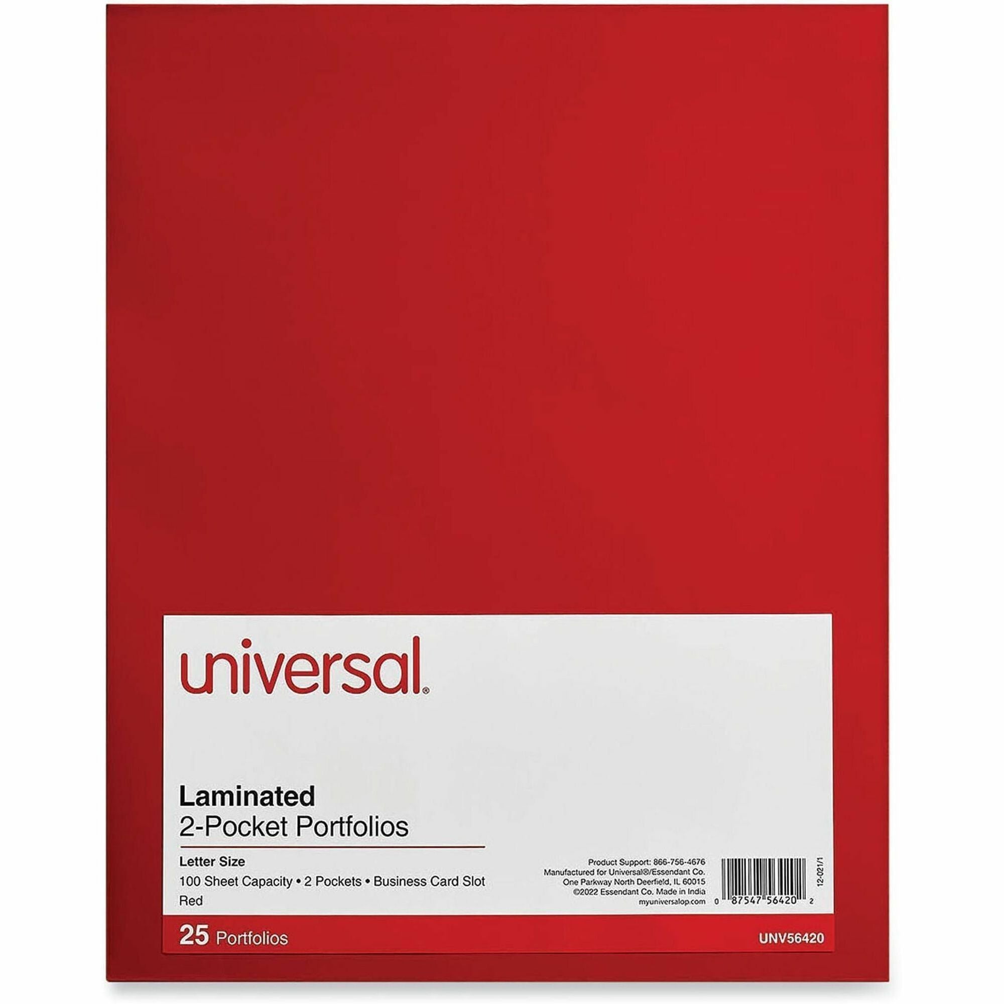Universal Pocket Folder, 11" x 8 1/2", 2 Inside Pockets, Laminated, Holds 100 Sheets, 25 per Box