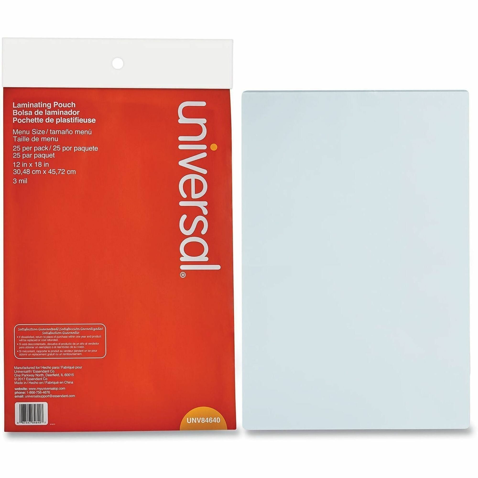Universal Laminating Pouch, 18" x 12", 3 mil, Matte, Clear, Plastic, 25/Pack