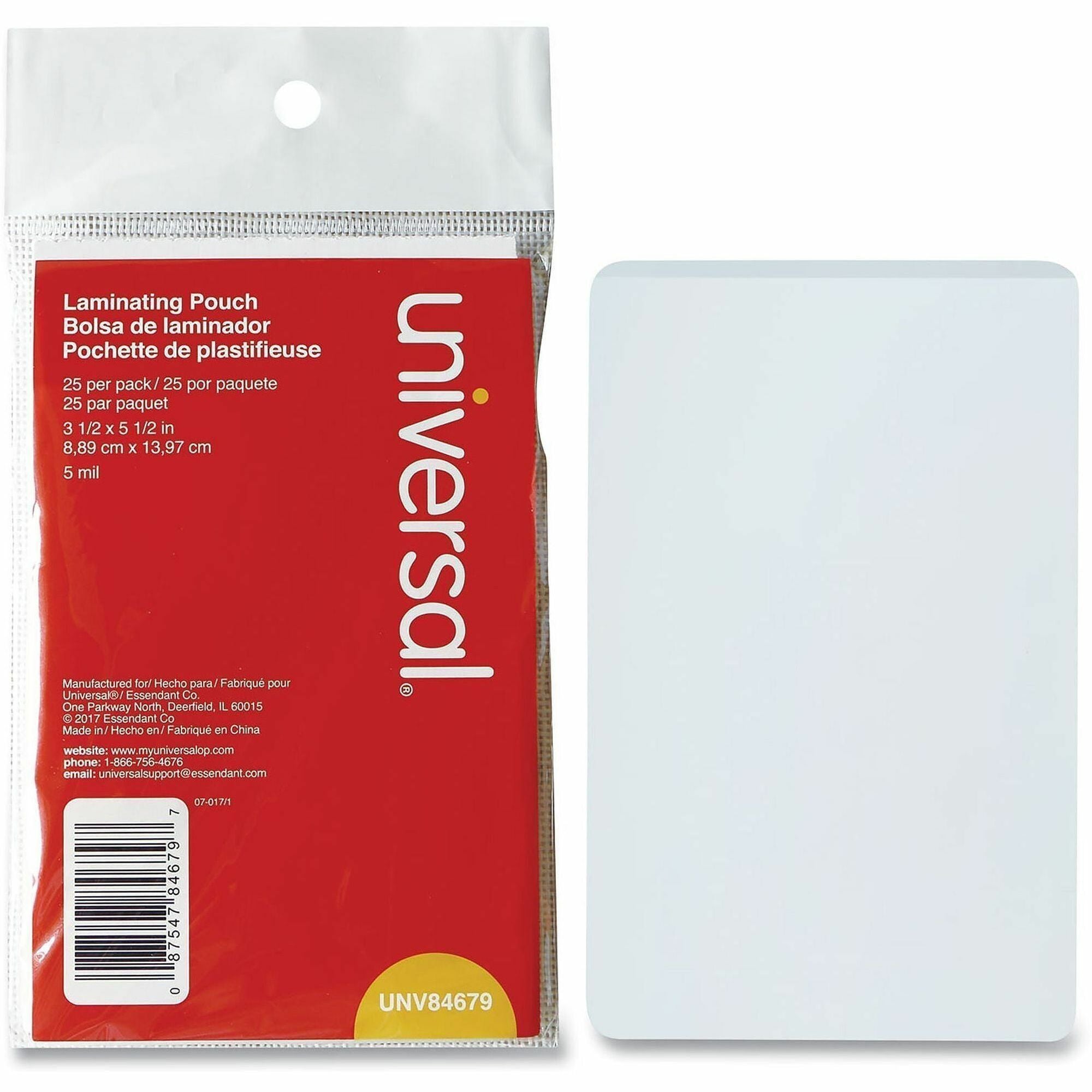 Universal Laminating Pouch, 5.5" x 3.5", 5 mil, Matte, Clear, Plastic, Supports 5" x 3" Index Card, 25 Pack