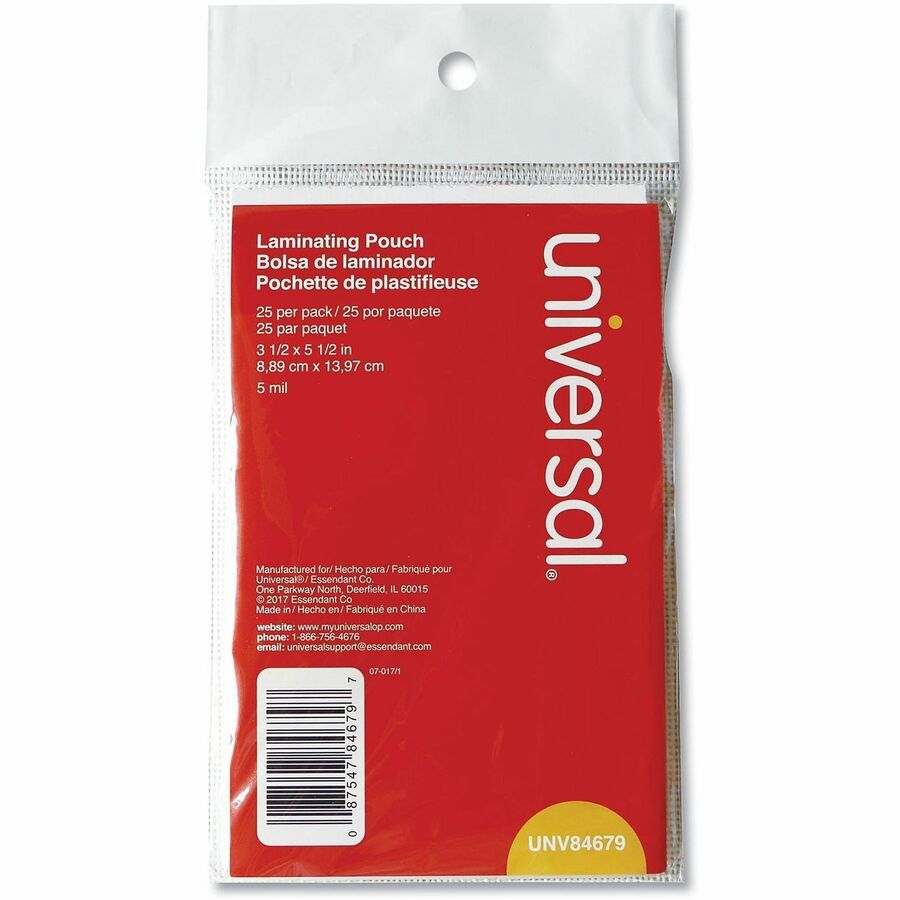 Universal Laminating Pouch, 5.5" x 3.5", 5 mil, Matte, Clear, Plastic, Supports 5" x 3" Index Card, 25 Pack