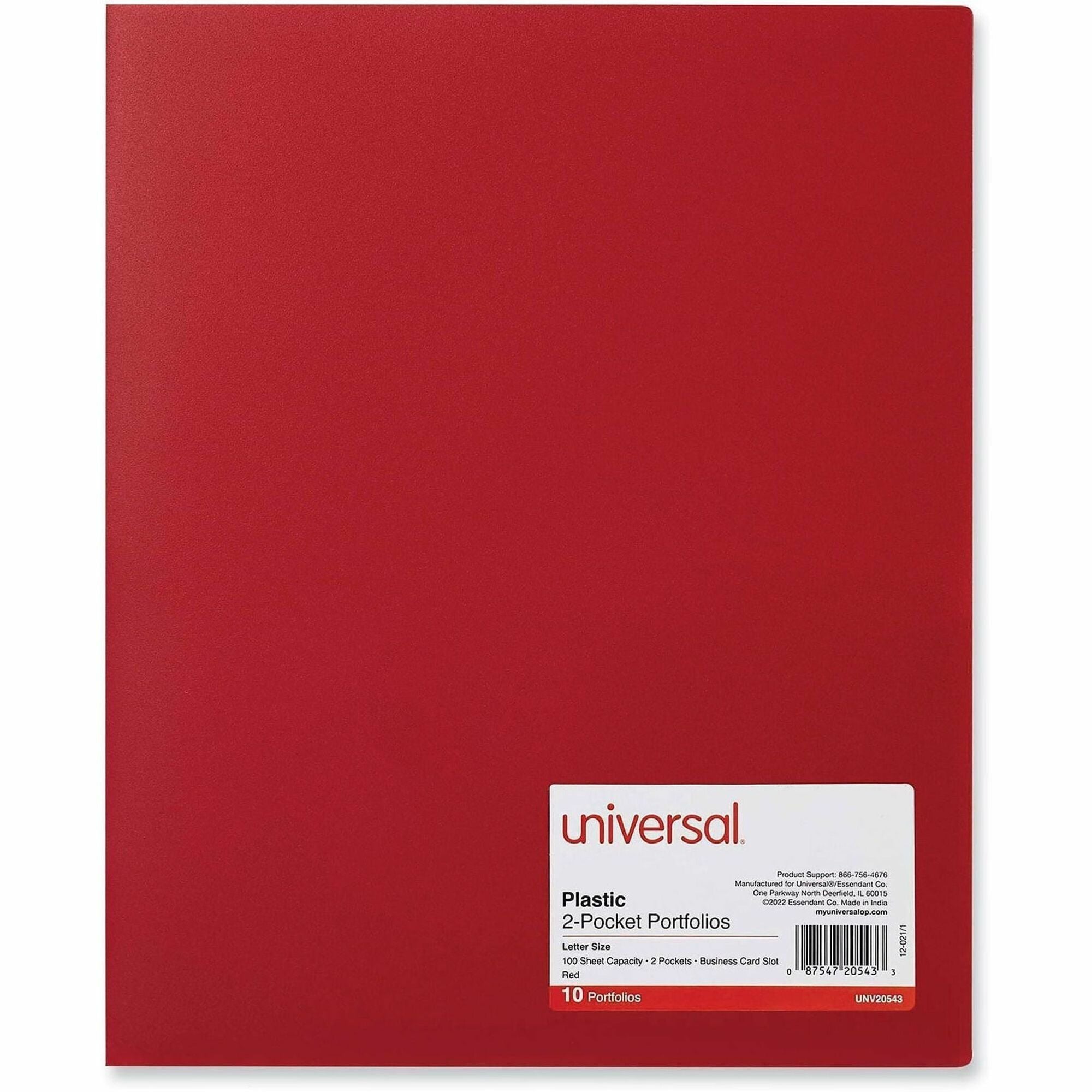 Universal Pocket Folder, 11" x 8.5", 2 Pockets, 100-Sheet Capacity, Red, 10 Pack