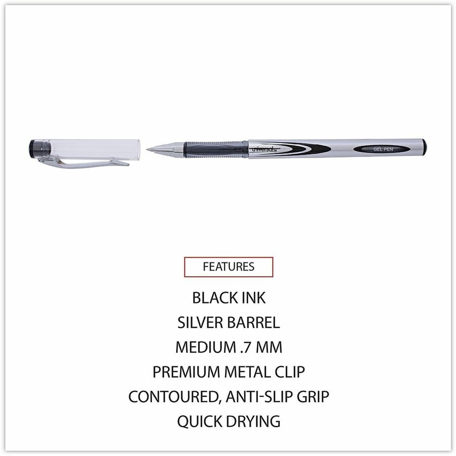 0.7 mm Medium Conical Pen Point - Black Ink - Water Based - Silver, Black Barrel - 1 Dozen