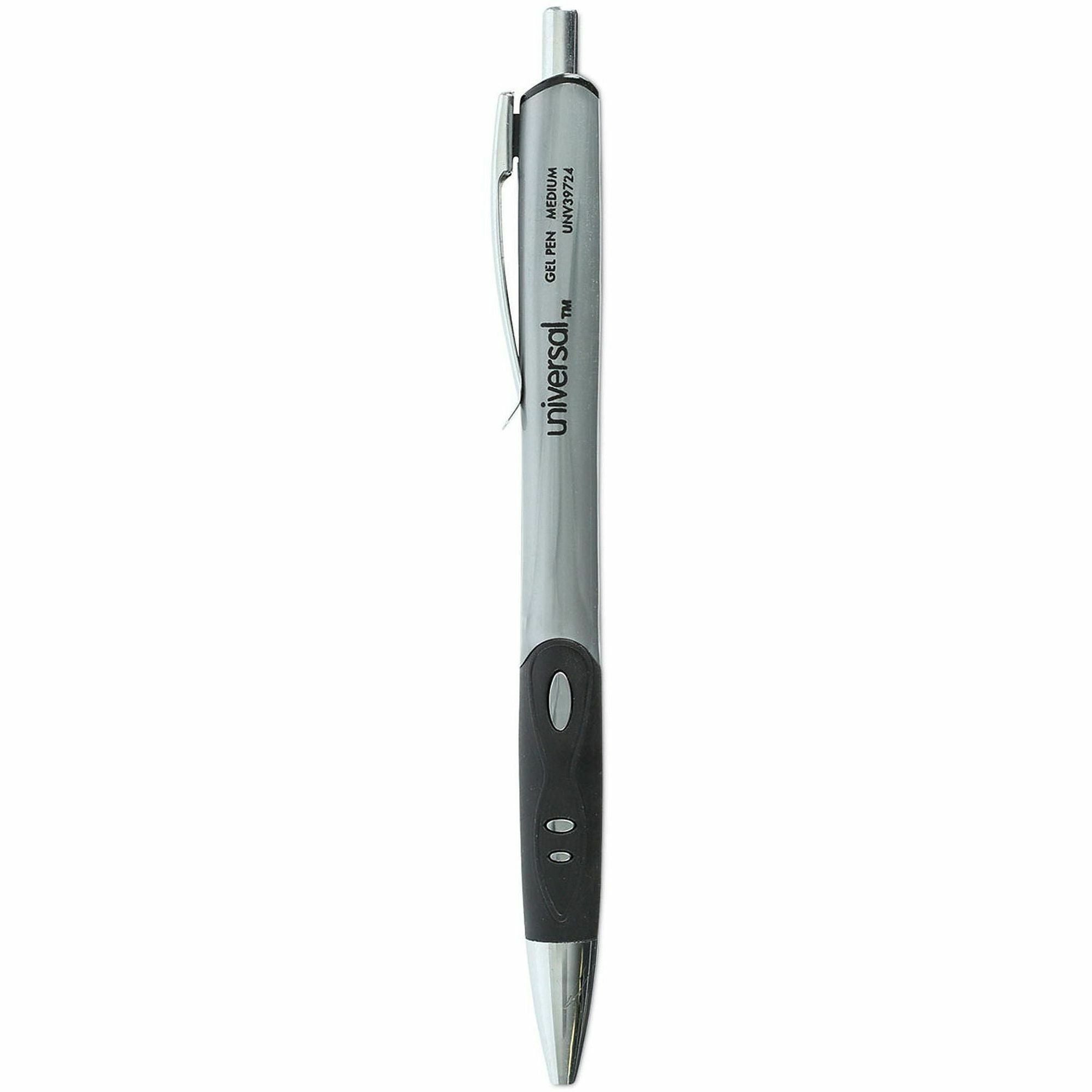 Universal Comfort Grip Gel Pen - 0.7 mm Medium Conical Pen Point - Retractable - Black Ink - Water Based - Gray, Black, Silver Barrel - 36 / Pack