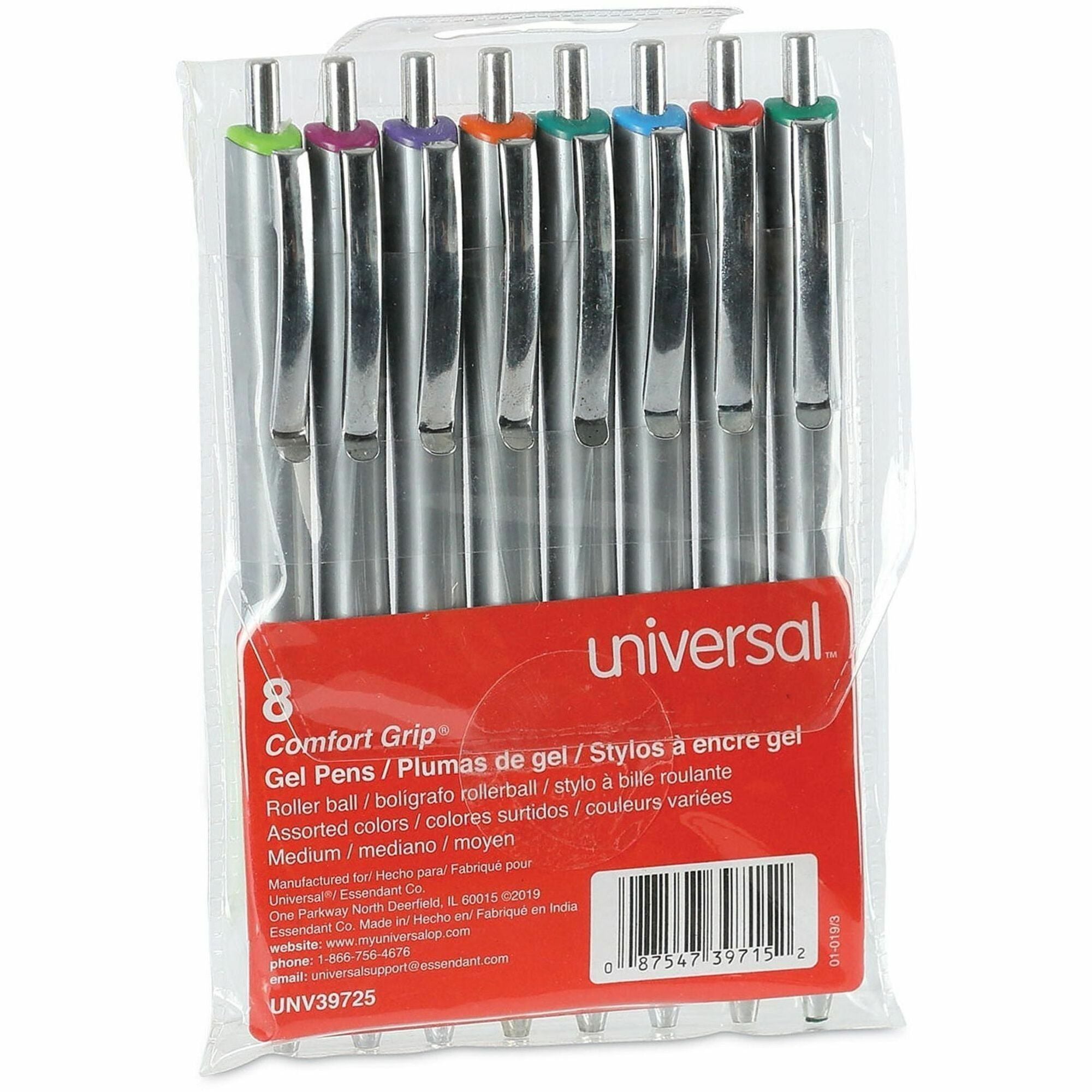 Universal Comfort Grip Gel Pen - 0.7 mm Medium Conical Pen Point - Retractable - Assorted Ink - Water Based - Assorted Barrel - 8 / Pack