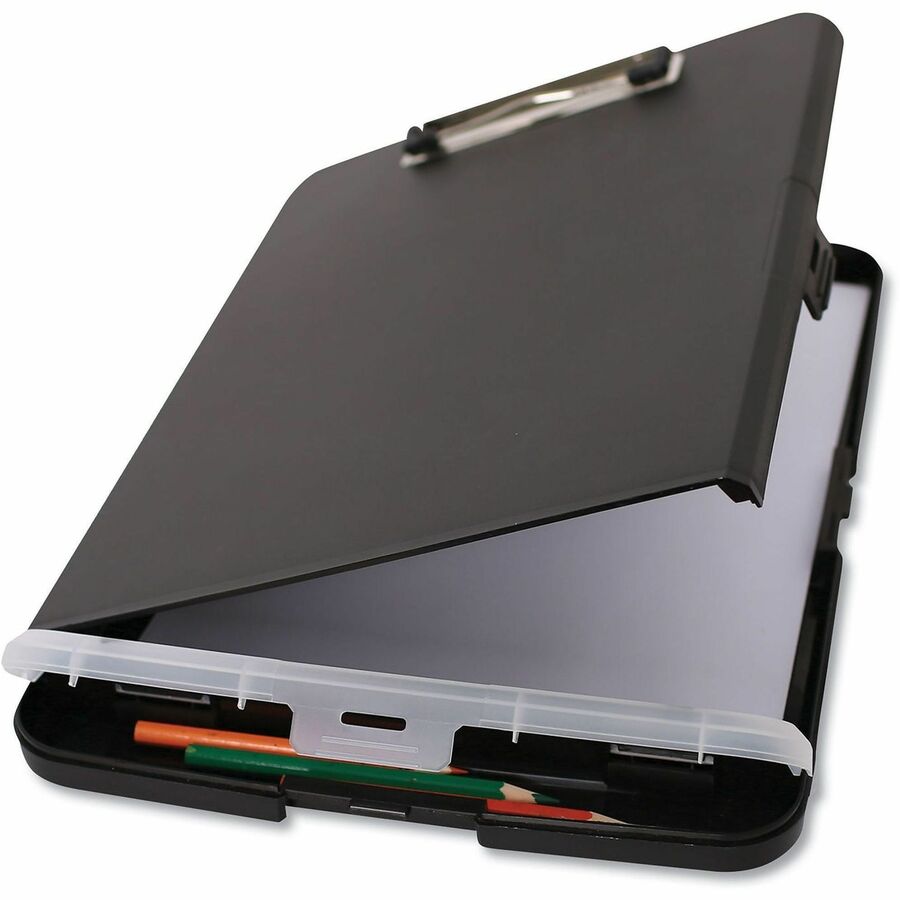 Universal Storage Clipboard, 0.50" Clip Capacity, 8.5" x 11" Sheet Size, 2 Compartments, Plastic, Black, 1 Each