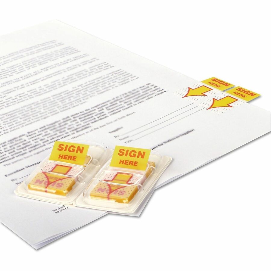 Universal Flag - 500 - 1" Flag/Note Width x 1 3/4" Flag/Note Length - Rectangle - SIGN HERE - Yellow - Pop-up, Repositionable, Reusable - Dispenser Included - 500 / Pack